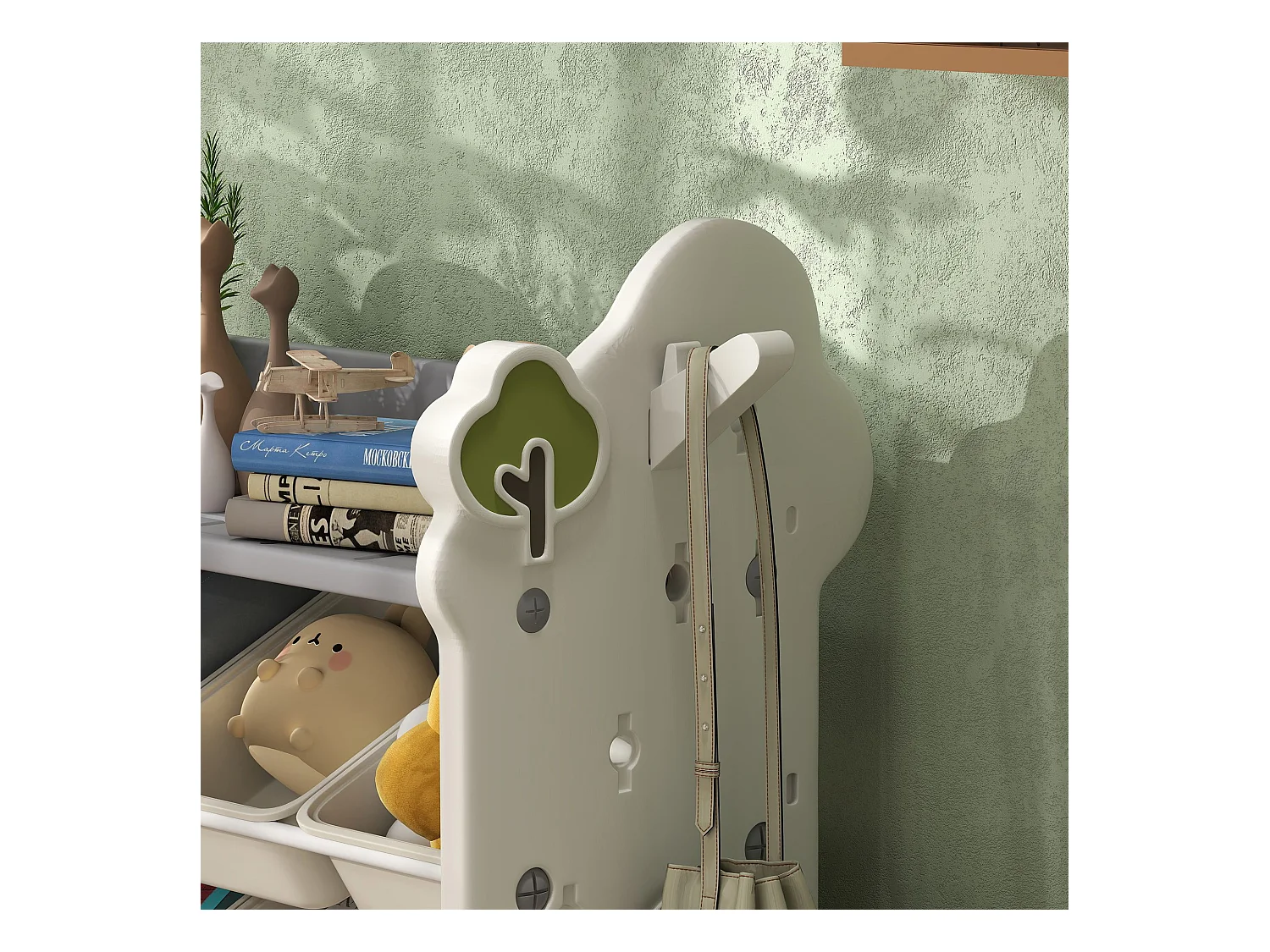 Scaffale portagiochi a 4 livelli con 9 contenitori e gancio crema