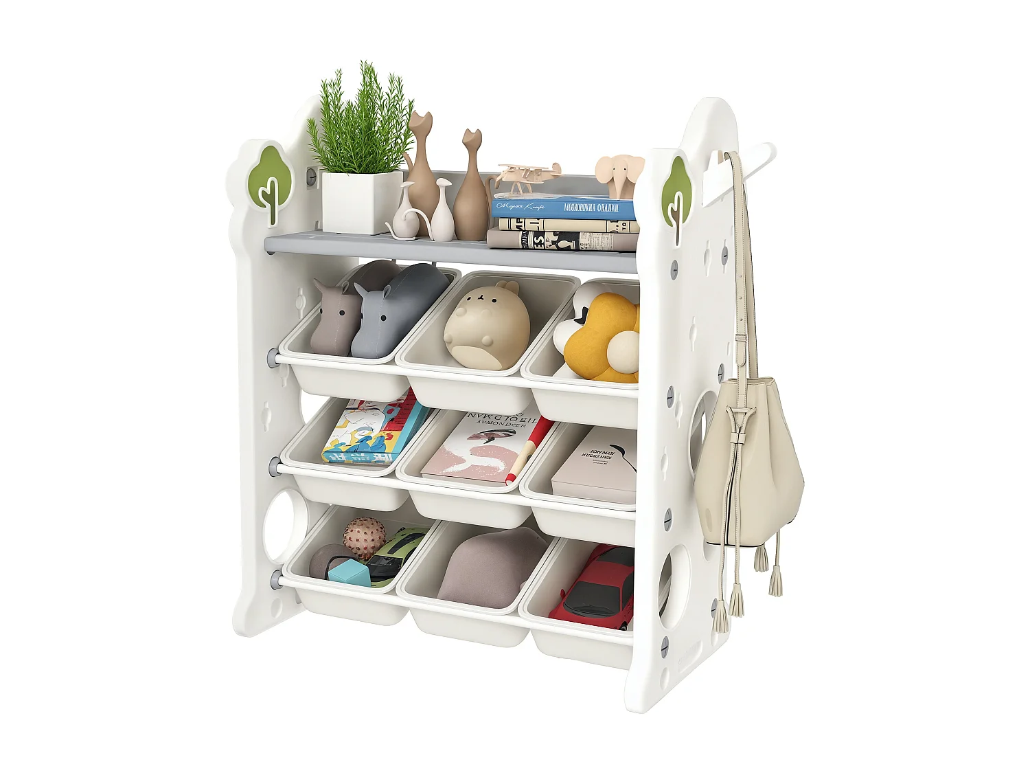 Scaffale portagiochi a 4 livelli con 9 contenitori e gancio crema