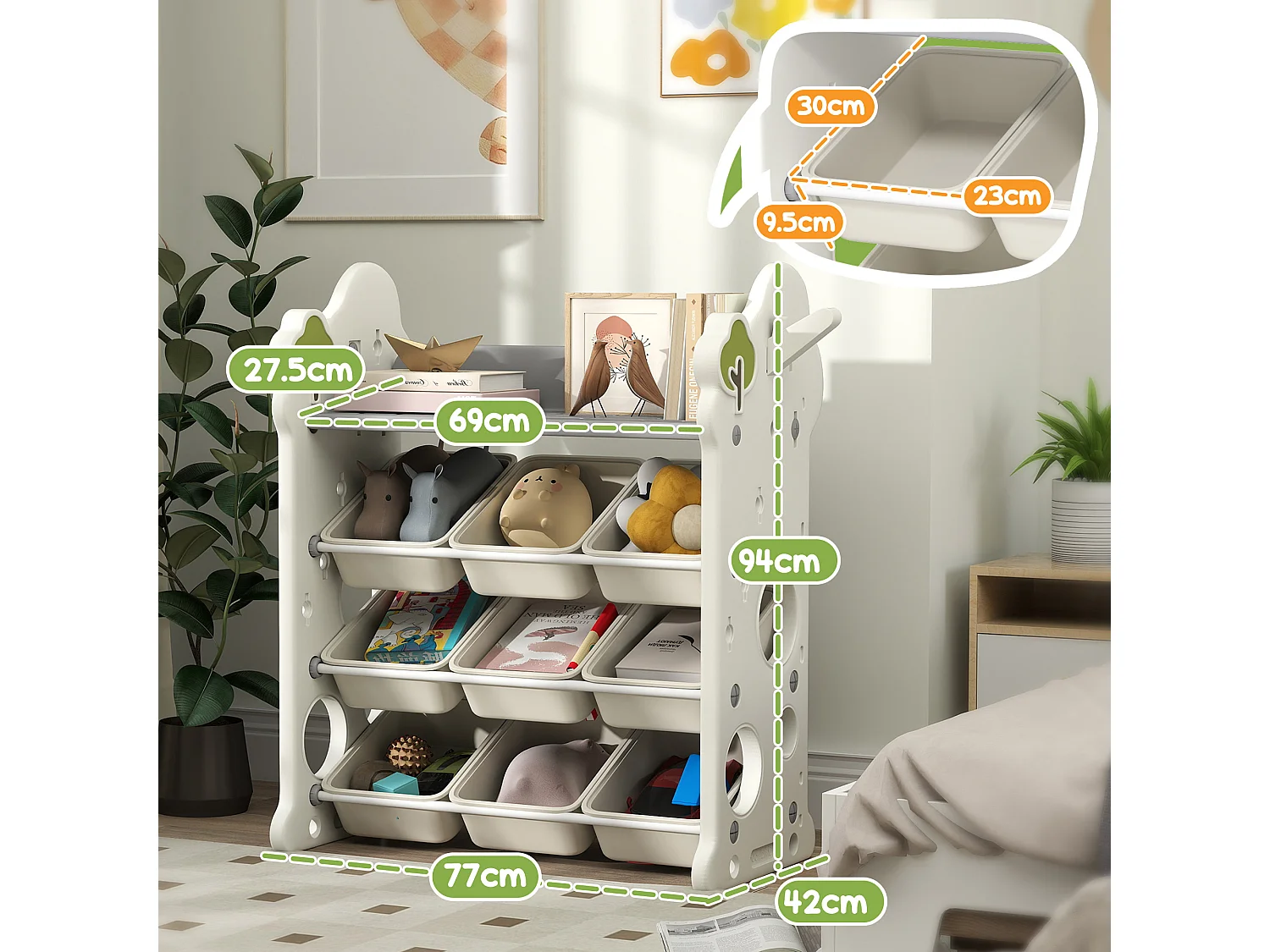 Scaffale portagiochi a 4 livelli con 9 contenitori e gancio crema