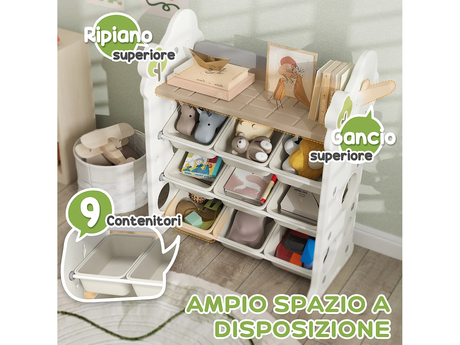 Scaffale portagiochi a 4 livelli con 9 contenitori e gancio crema