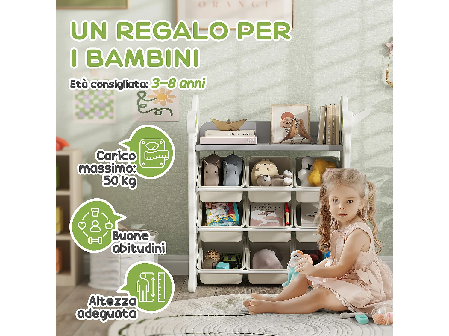 Scaffale portagiochi a 4 livelli con 9 contenitori e gancio crema