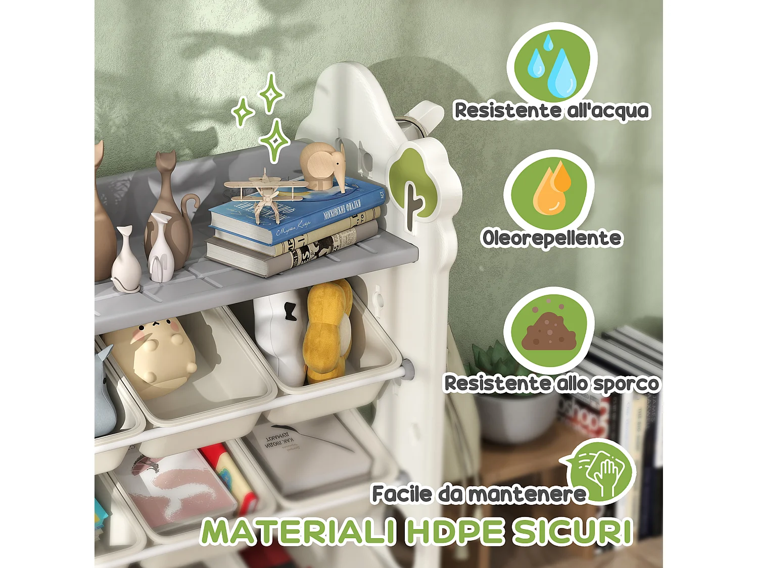 Scaffale portagiochi a 4 livelli con 9 contenitori e gancio crema