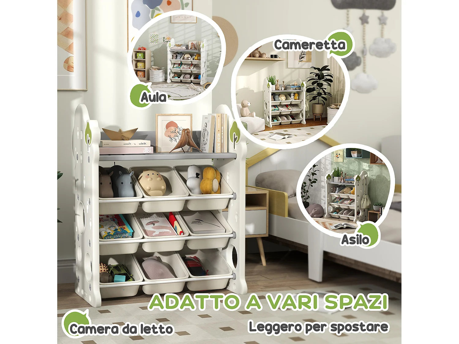 Scaffale portagiochi a 4 livelli con 9 contenitori e gancio crema