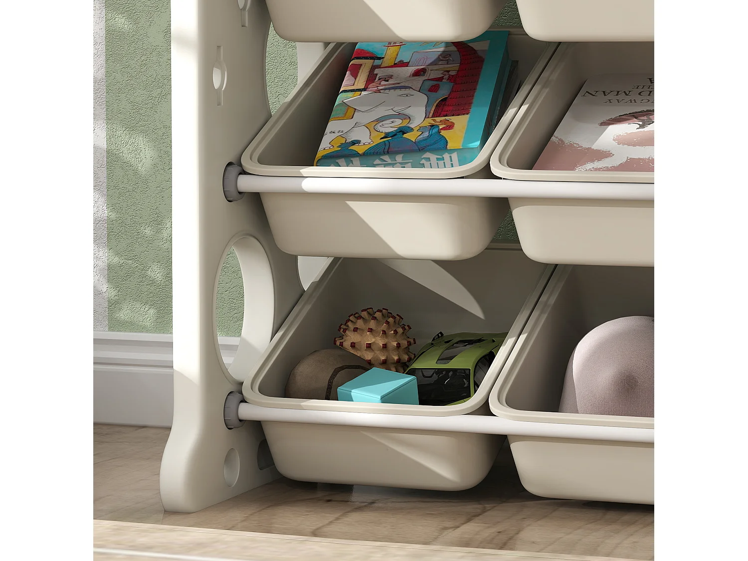 Scaffale portagiochi a 4 livelli con 9 contenitori e gancio crema