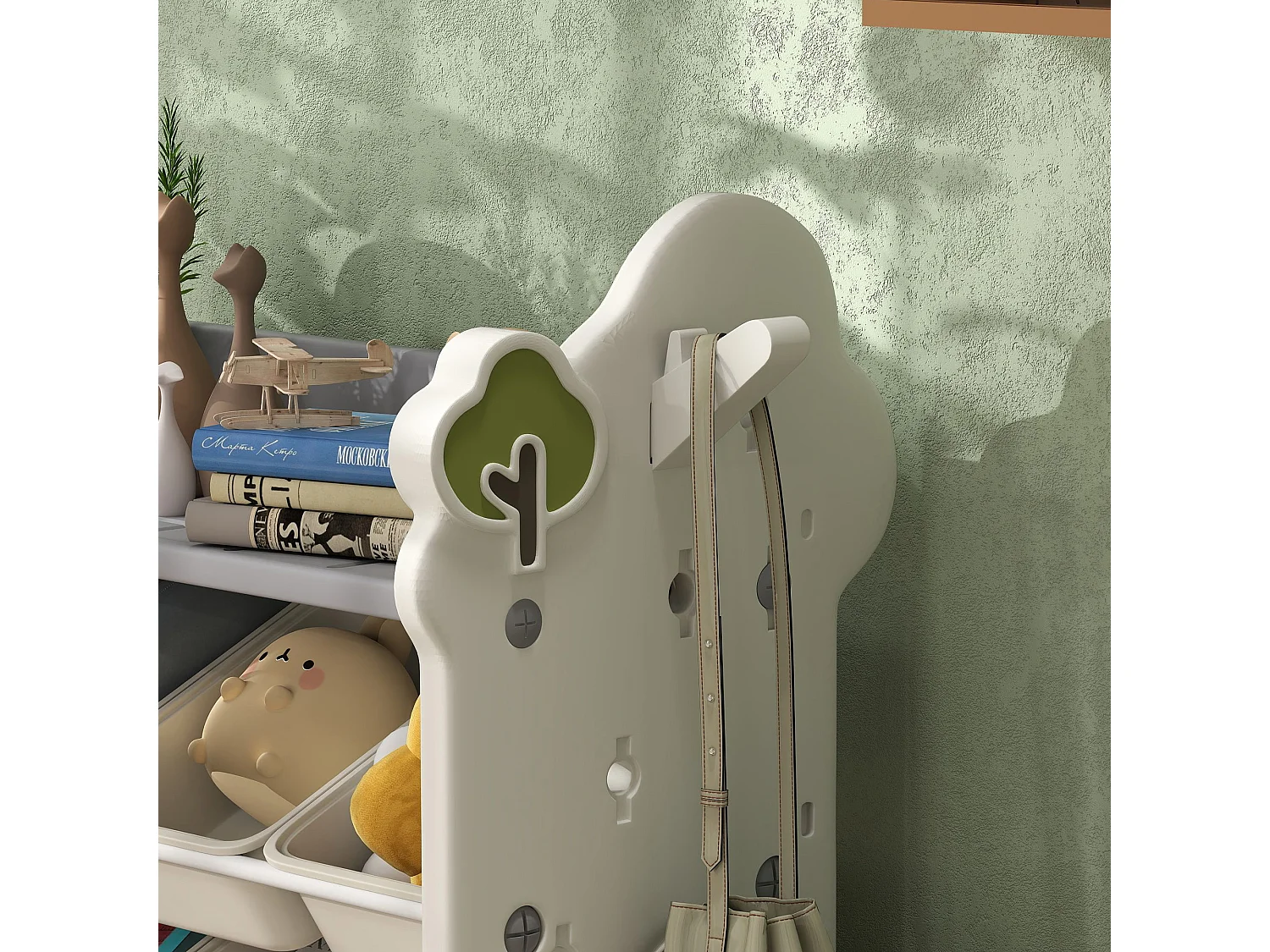 Scaffale portagiochi a 4 livelli con 9 contenitori e gancio crema