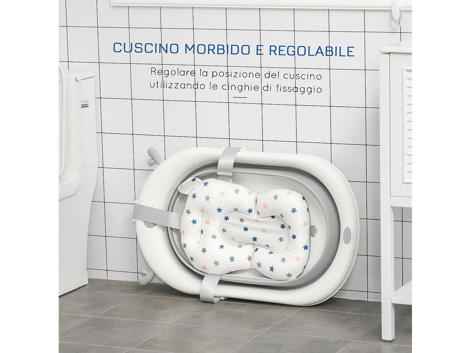 Vaschetta bagnetto pieghevole indicatore temperatura e cuscino