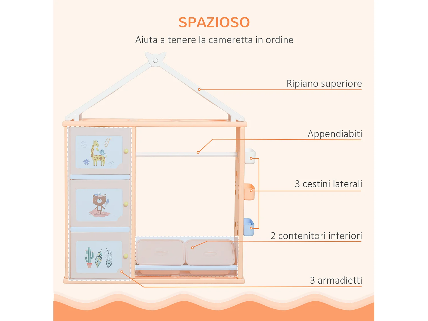 Armadio cameretta mobile portagiochi pe arancione 128x34x155cm
