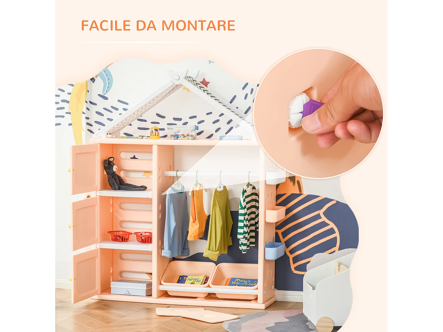 Armadio cameretta mobile portagiochi pe arancione 128x34x155cm