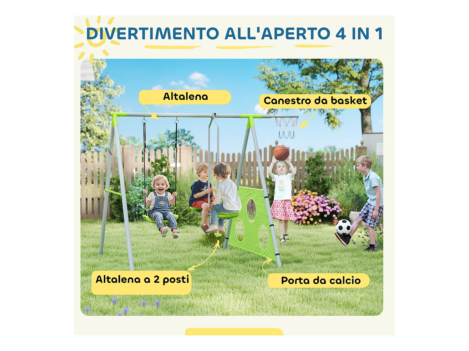 Gioco per bambini con 2 altalene, canestro da basket e porta da calcio