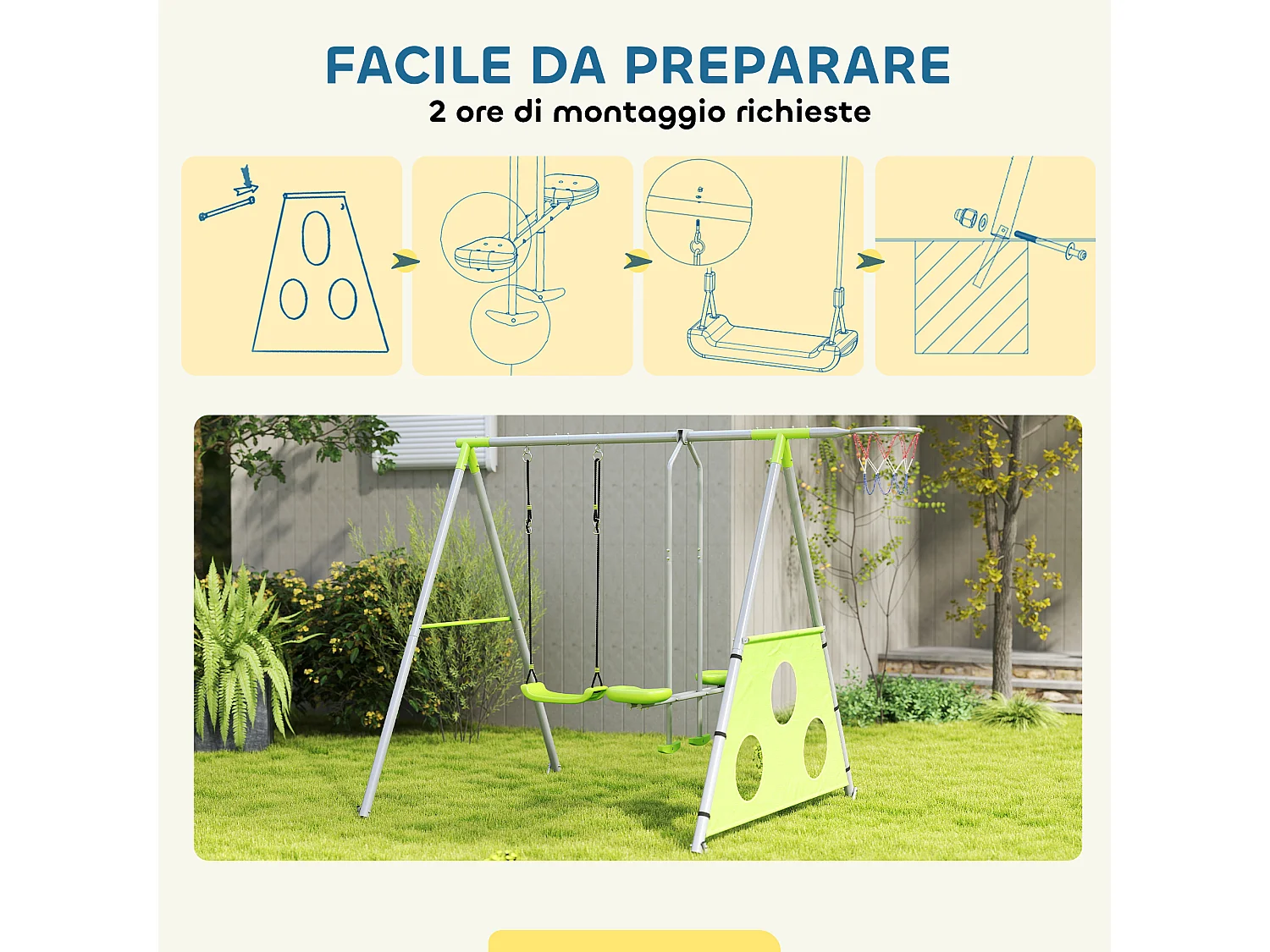 Gioco per bambini con 2 altalene, canestro da basket e porta da calcio