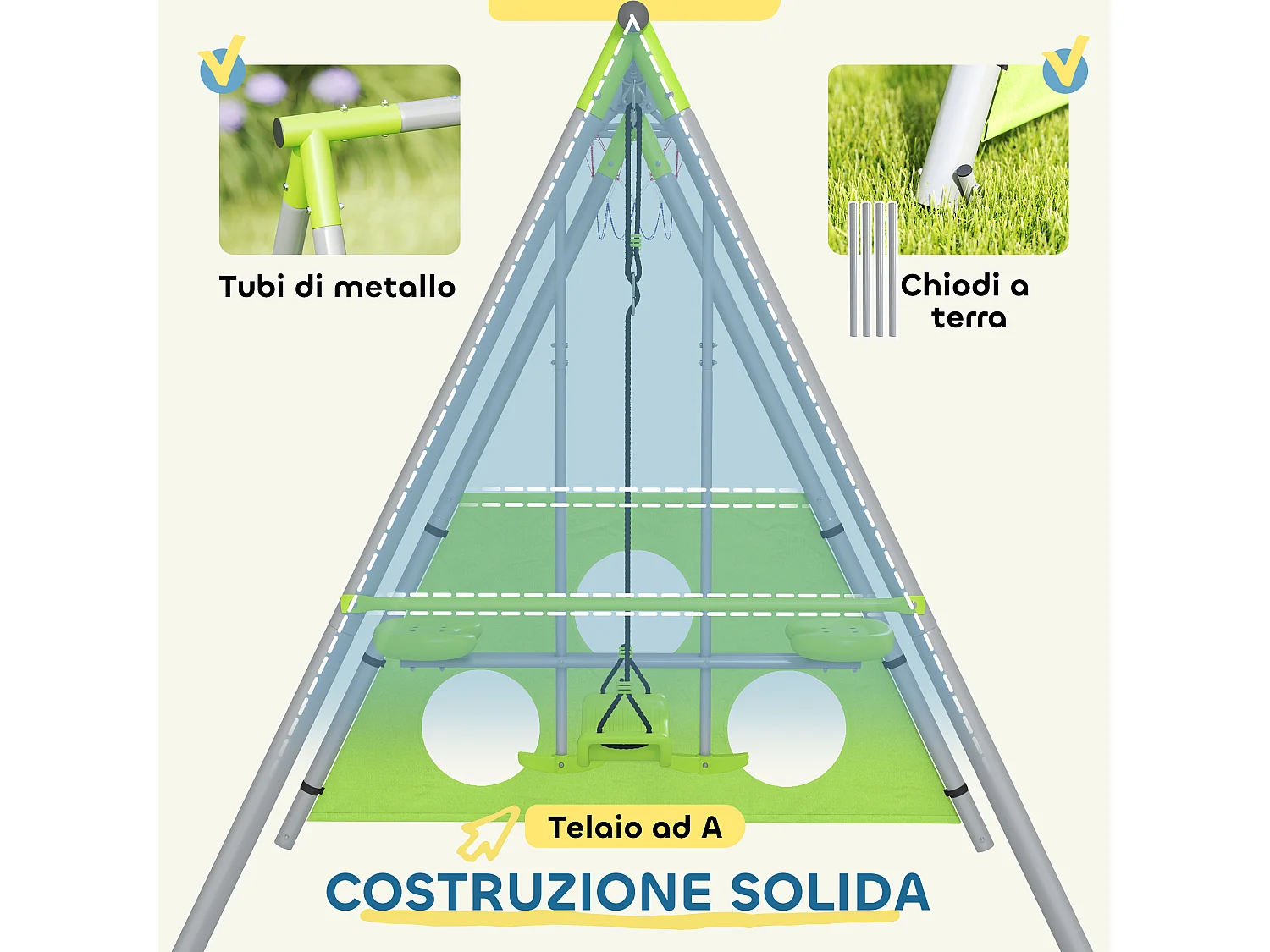 Gioco per bambini con 2 altalene, canestro da basket e porta da calcio