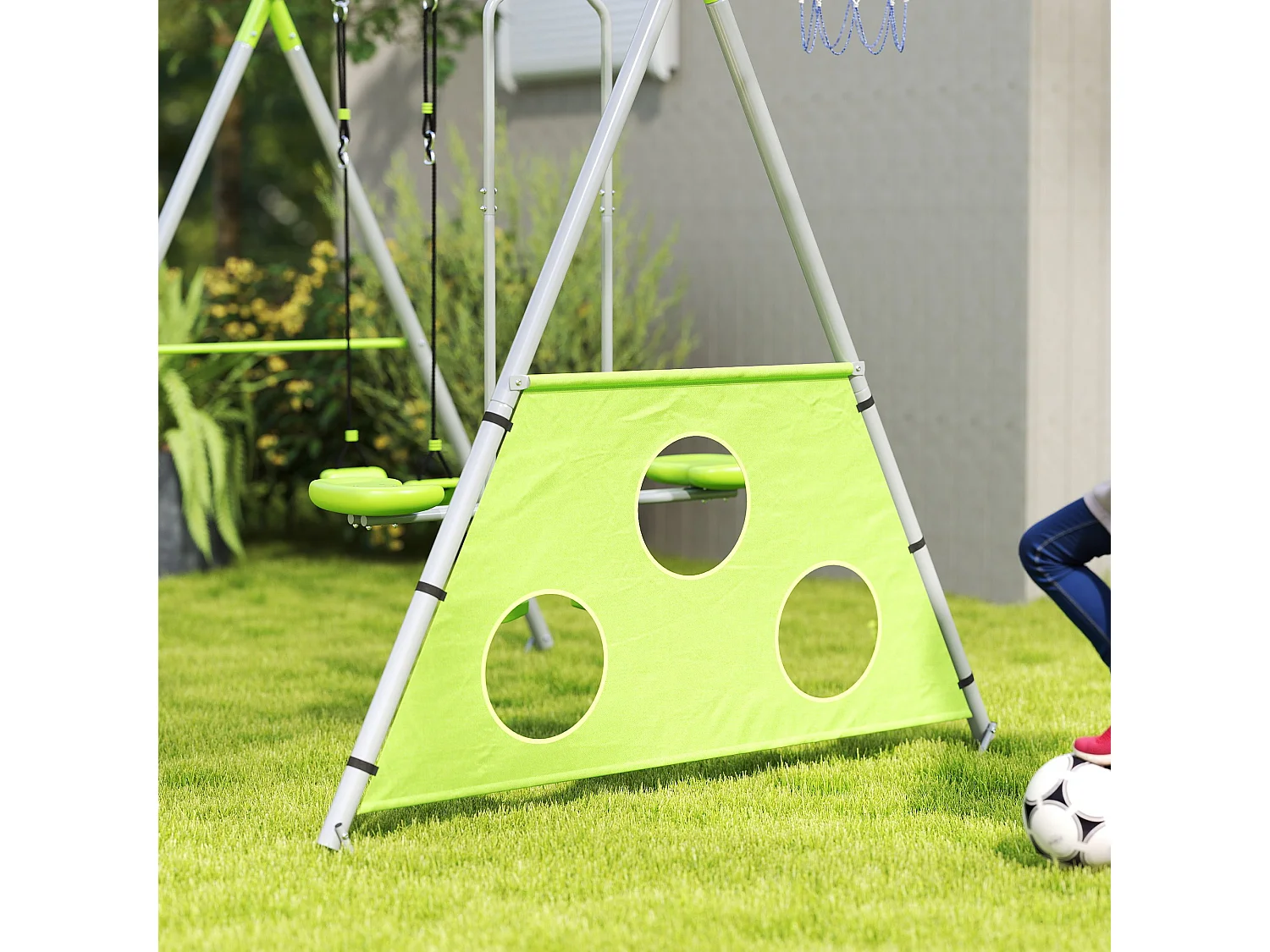 Gioco per bambini con 2 altalene, canestro da basket e porta da calcio