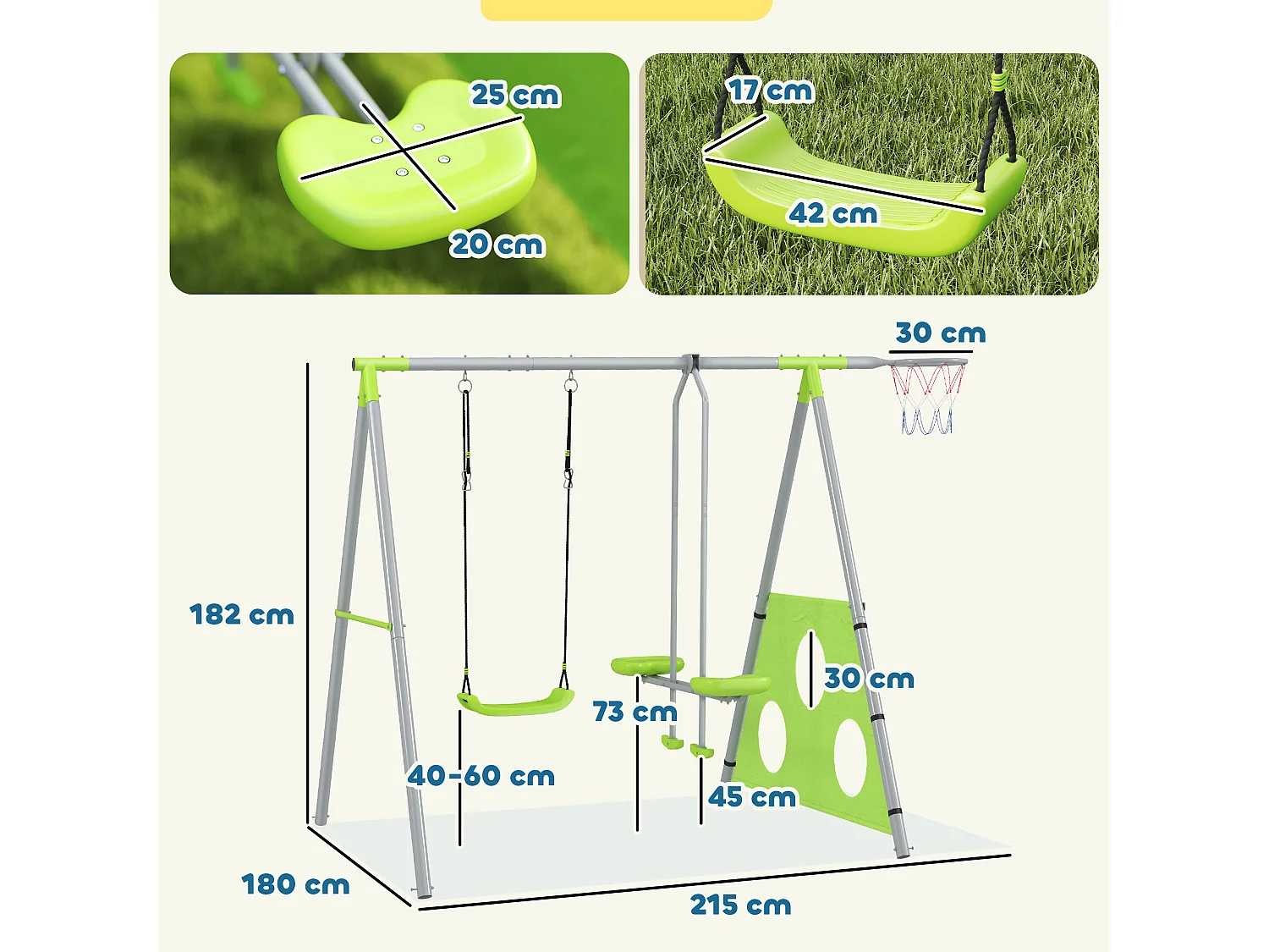 Gioco per bambini con 2 altalene, canestro da basket e porta da calcio