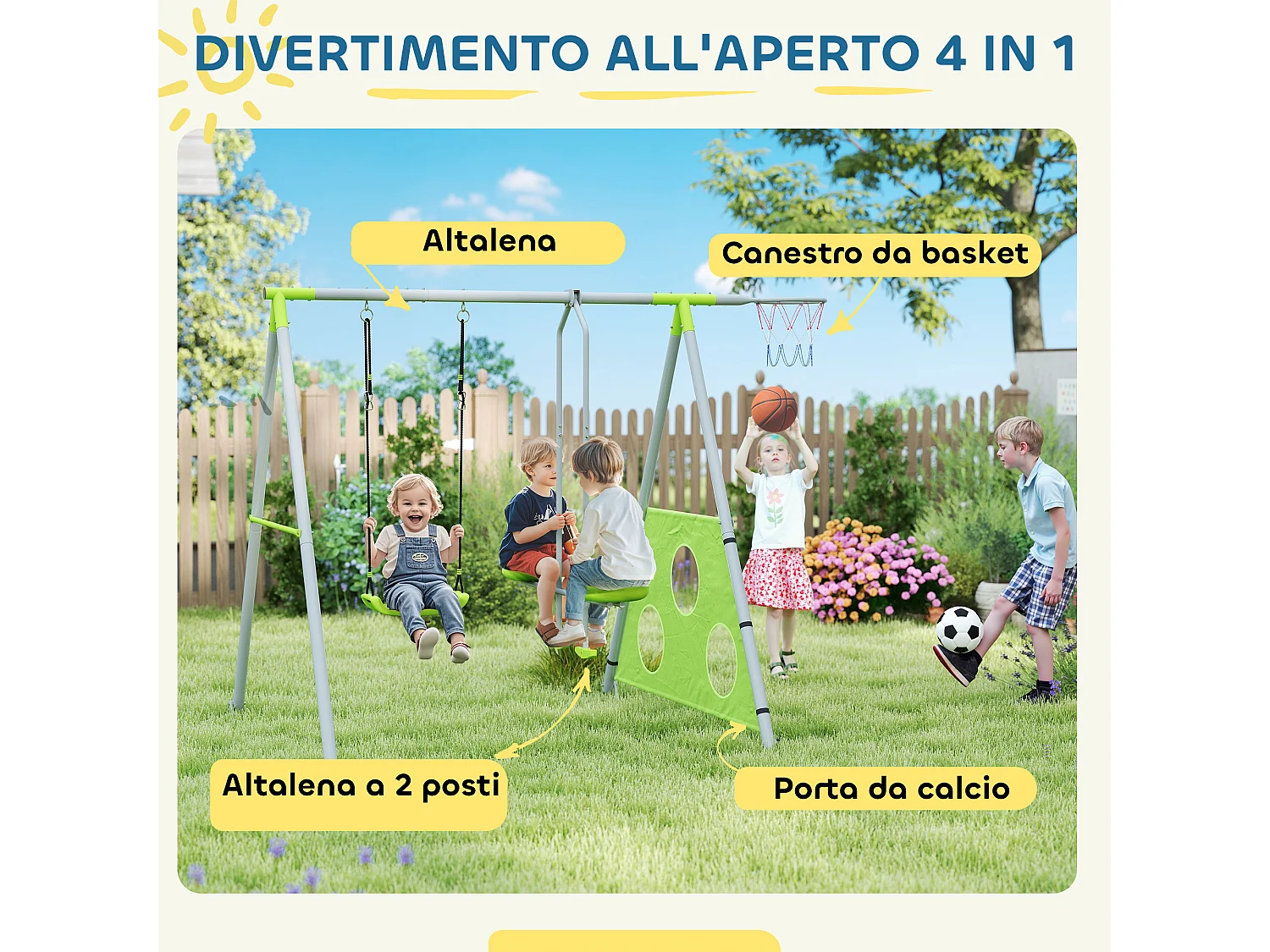 Gioco per bambini con 2 altalene, canestro da basket e porta da calcio