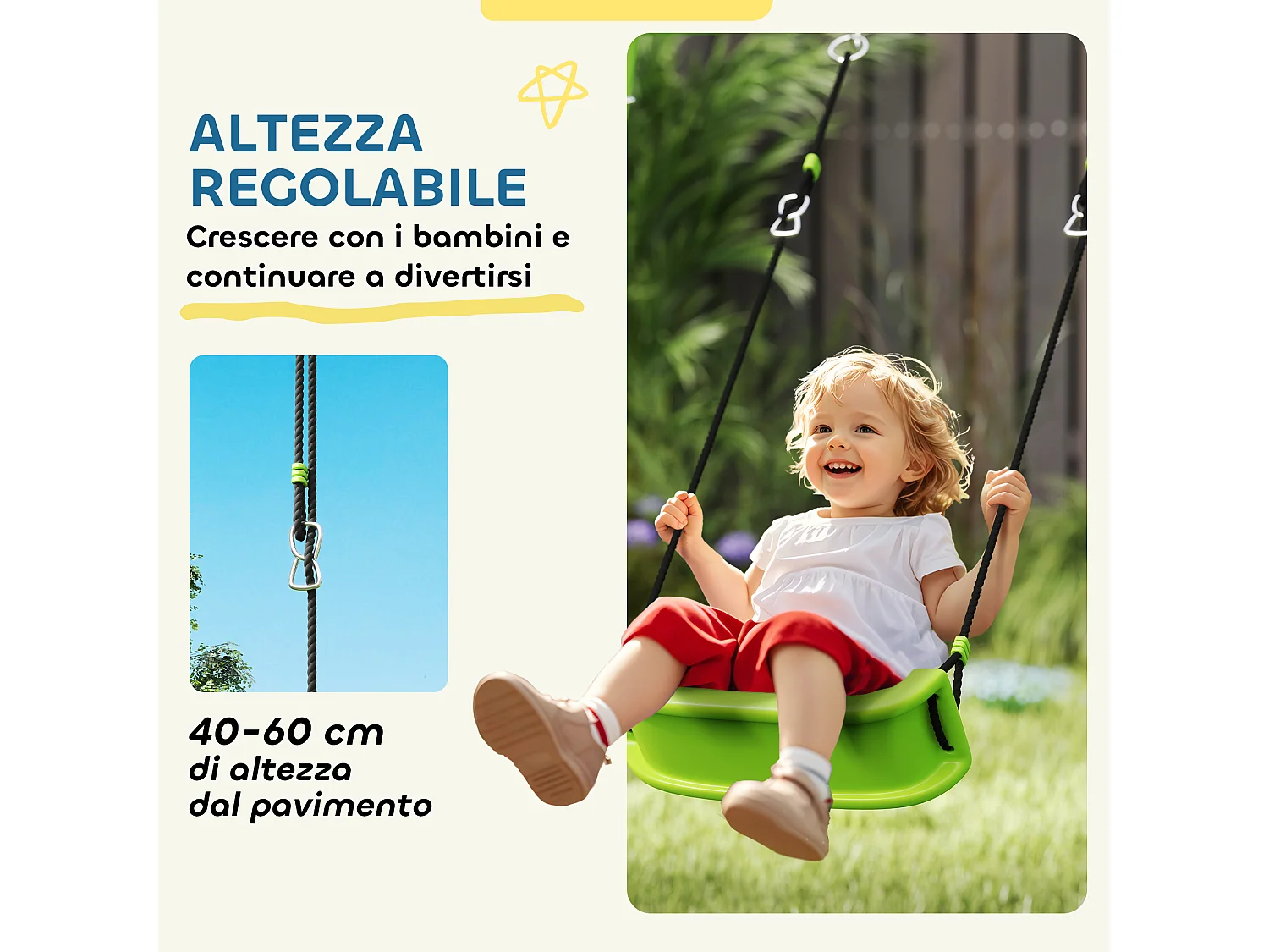 Gioco per bambini con 2 altalene, canestro da basket e porta da calcio