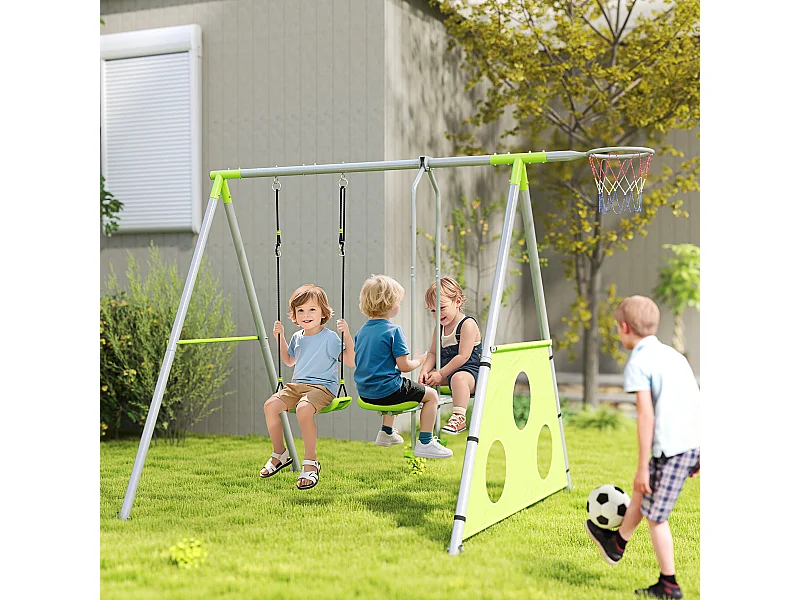 Gioco per bambini con 2 altalene, canestro da basket e porta da calcio