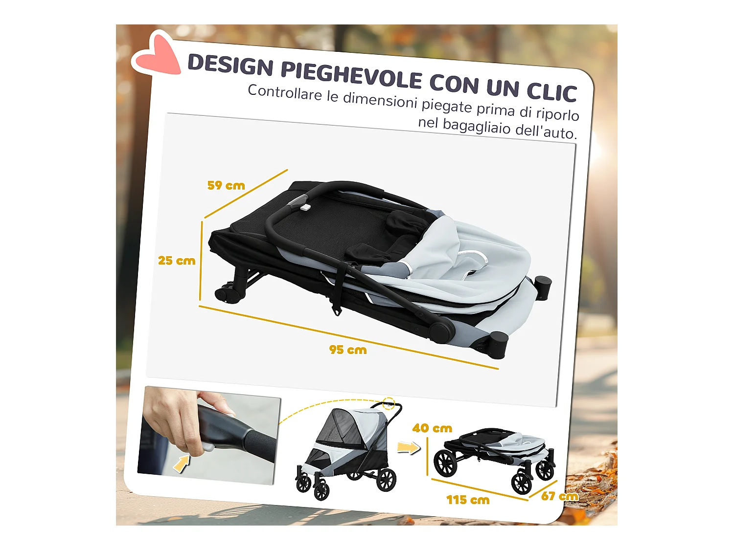 Passeggino per cani taglia grande pieghevole con cuscino grigio