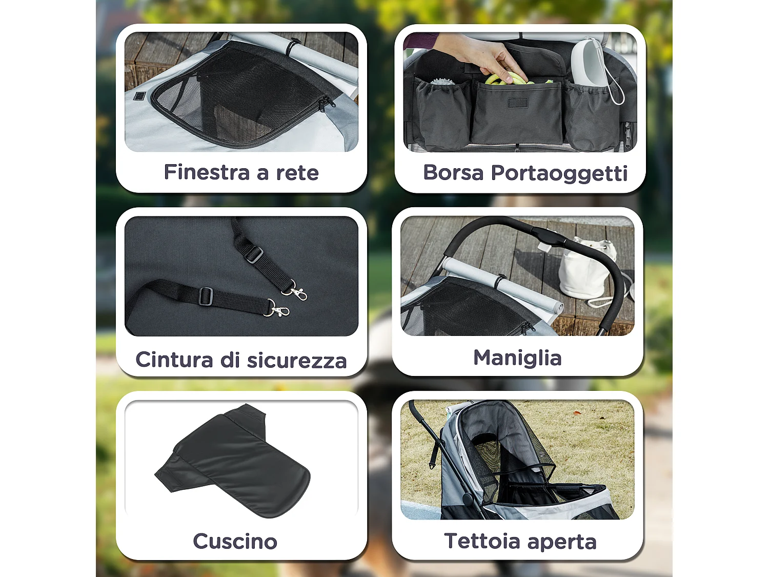 Passeggino per cani taglia grande pieghevole con cuscino grigio