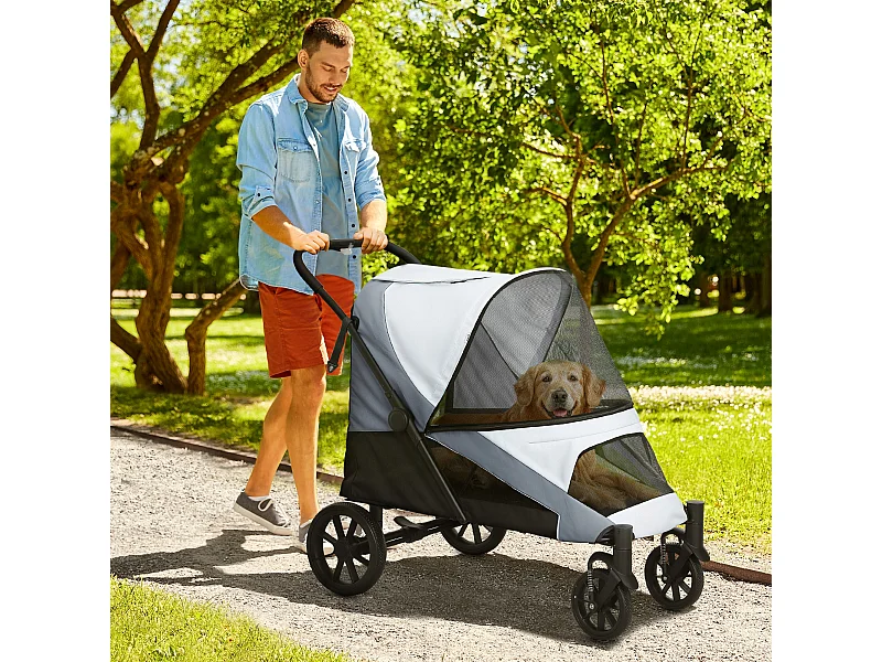 Passeggino per cani taglia grande pieghevole con cuscino grigio