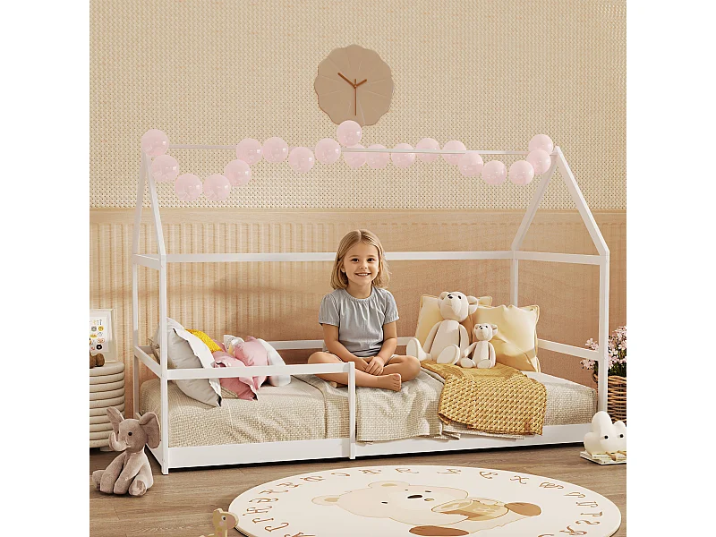 Letto per bambini a casetta e barriera anticaduta età 3-8 anni bianco