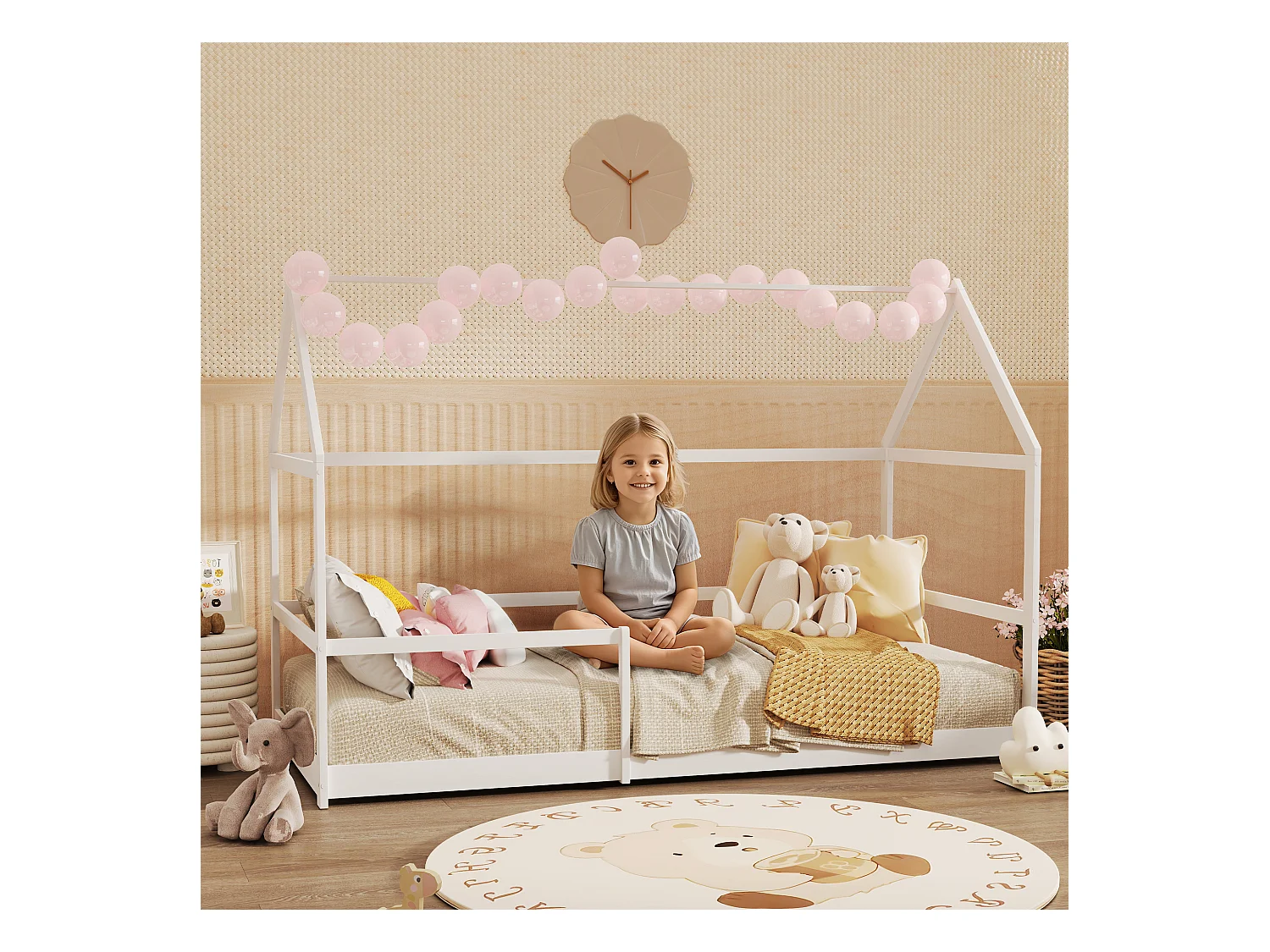Letto per bambini a casetta e barriera anticaduta età 3-8 anni bianco