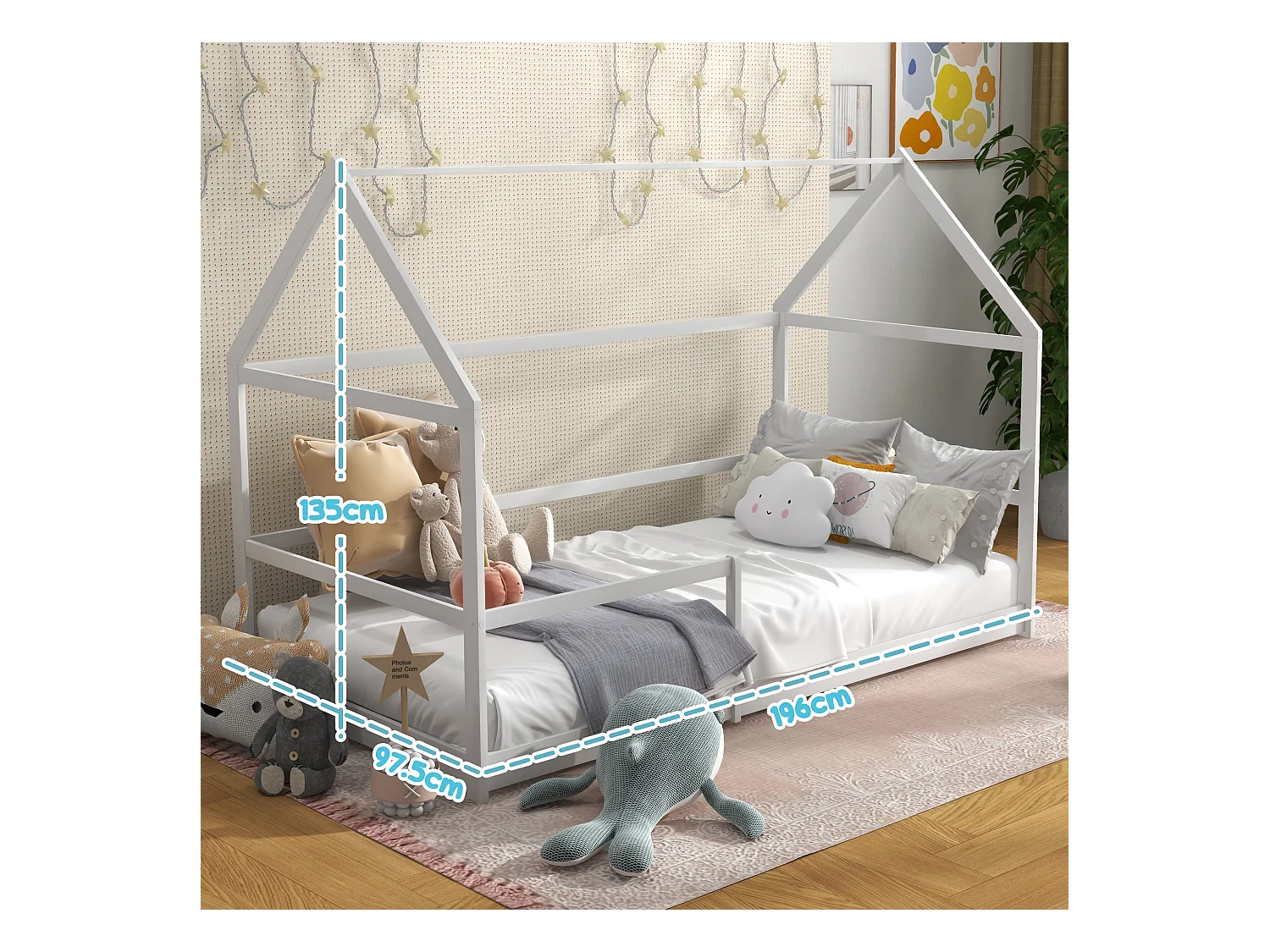 Letto per bambini a casetta e barriera anticaduta età 3-8 anni bianco