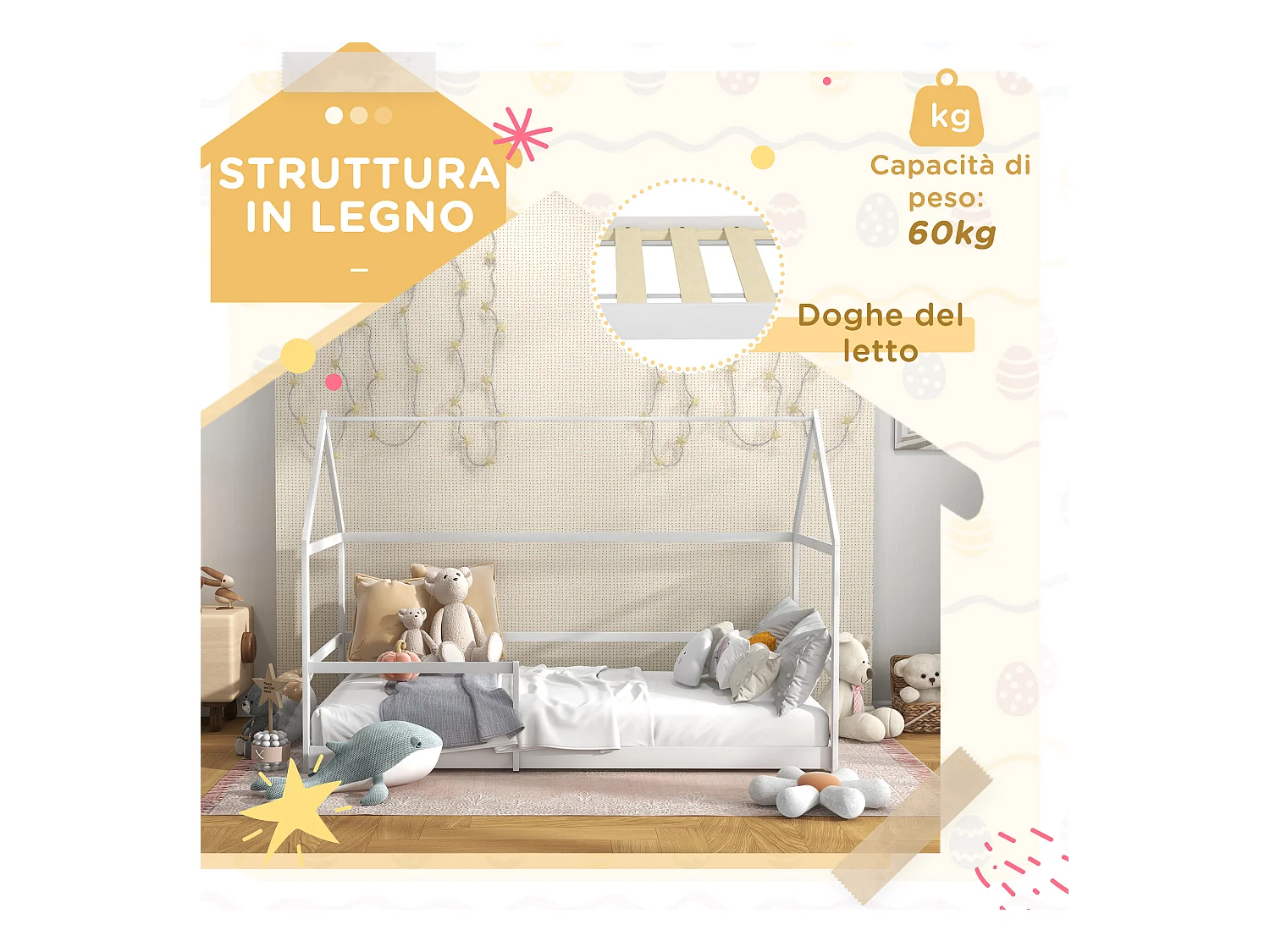 Letto per bambini a casetta e barriera anticaduta età 3-8 anni bianco