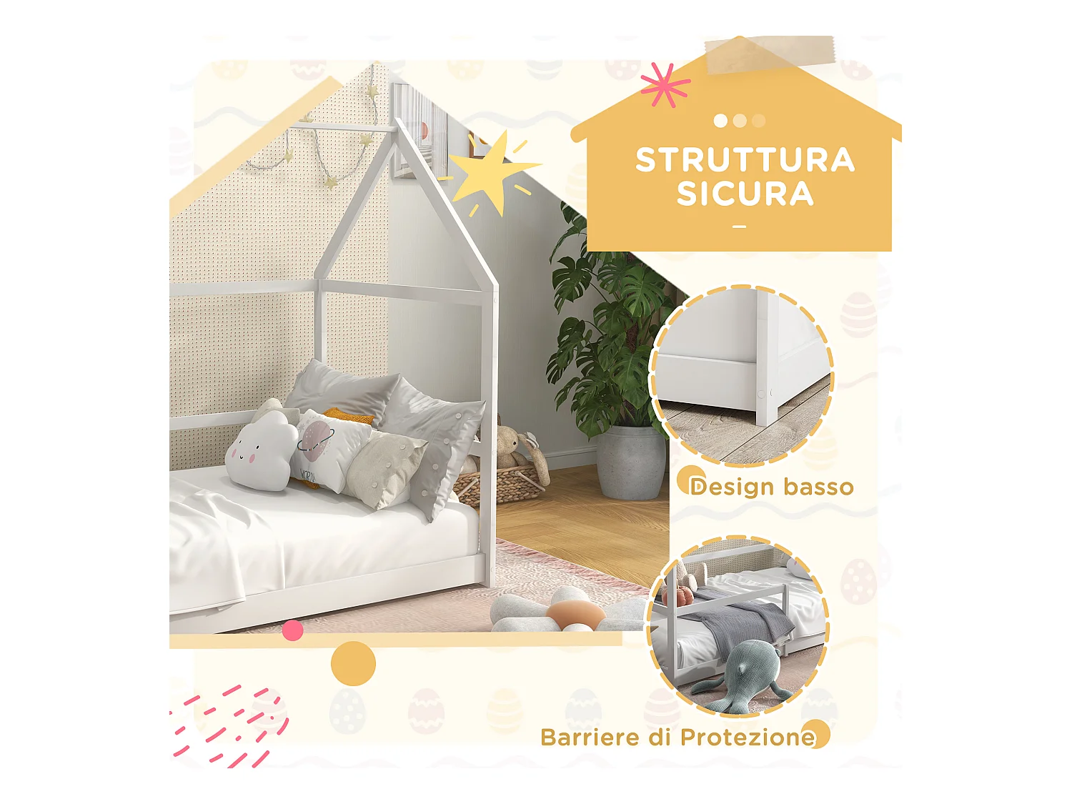 Letto per bambini a casetta e barriera anticaduta età 3-8 anni bianco