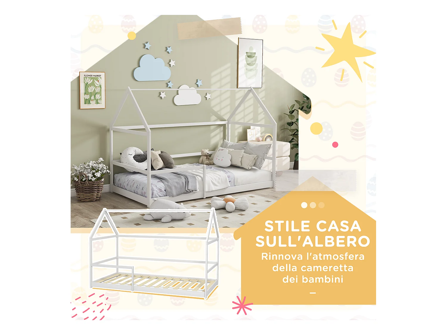 Letto per bambini a casetta e barriera anticaduta età 3-8 anni bianco