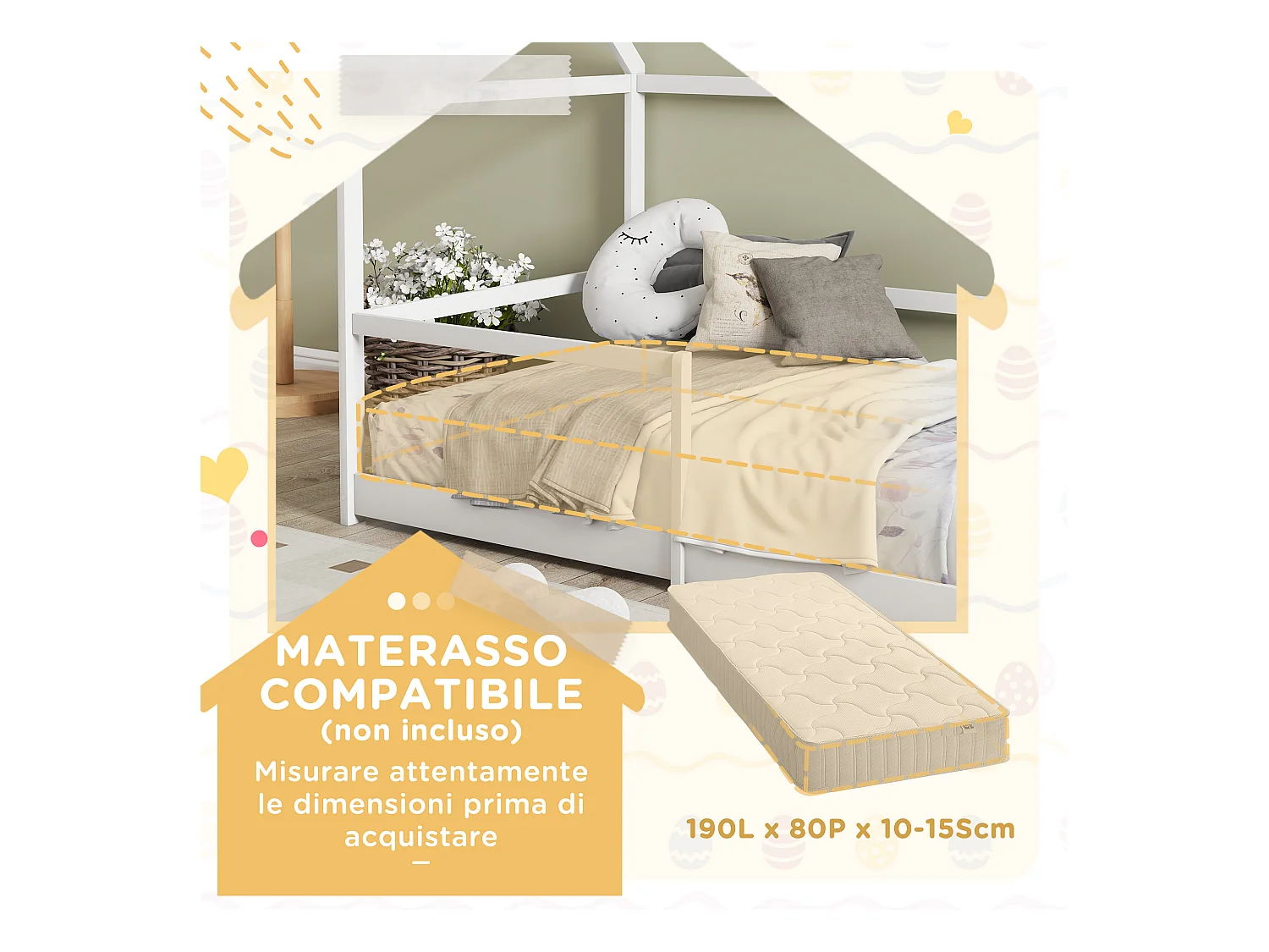 Letto per bambini a casetta e barriera anticaduta età 3-8 anni bianco