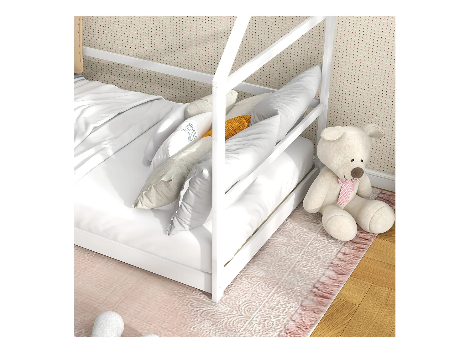 Letto per bambini a casetta e barriera anticaduta età 3-8 anni bianco