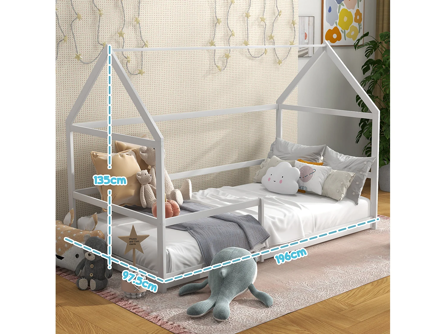 Letto per bambini a casetta e barriera anticaduta età 3-8 anni bianco