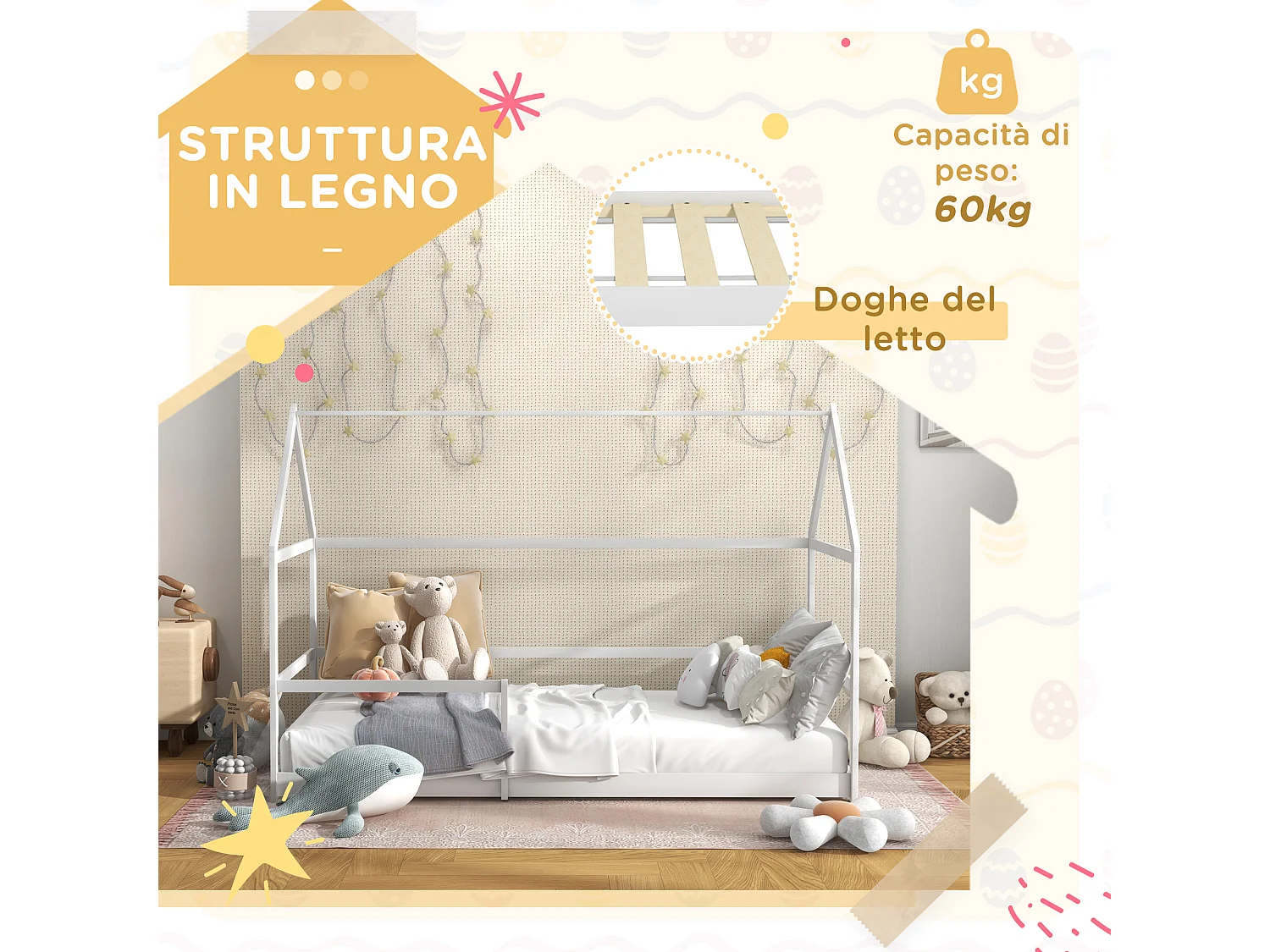 Letto per bambini a casetta e barriera anticaduta età 3-8 anni bianco