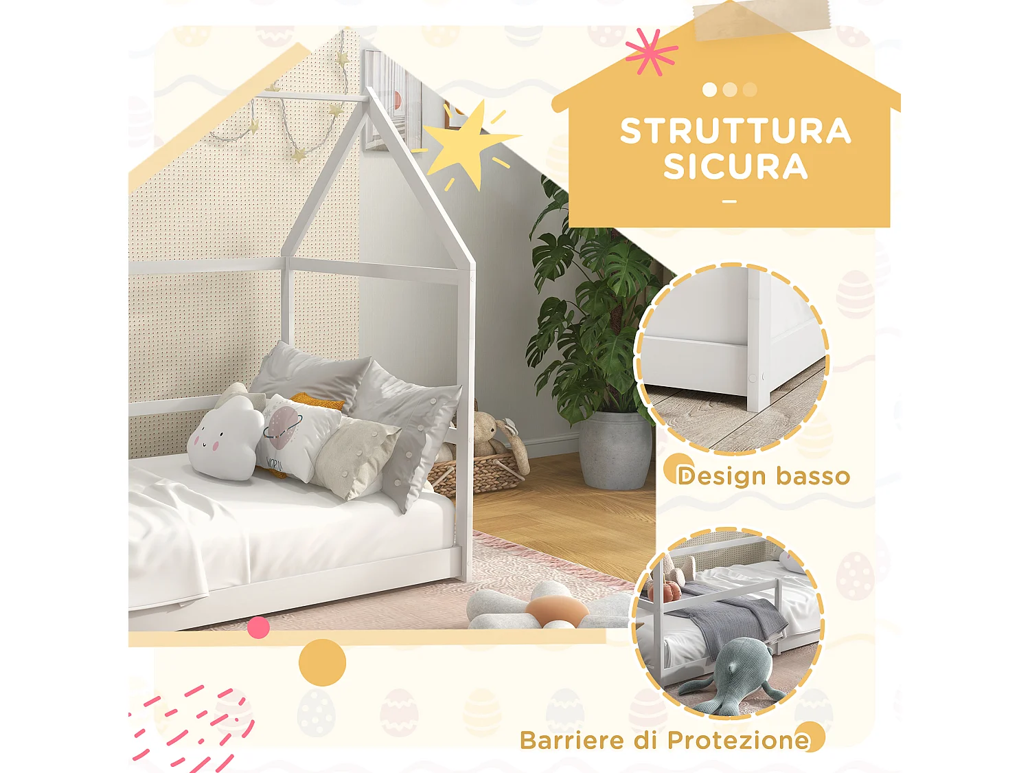 Letto per bambini a casetta e barriera anticaduta età 3-8 anni bianco