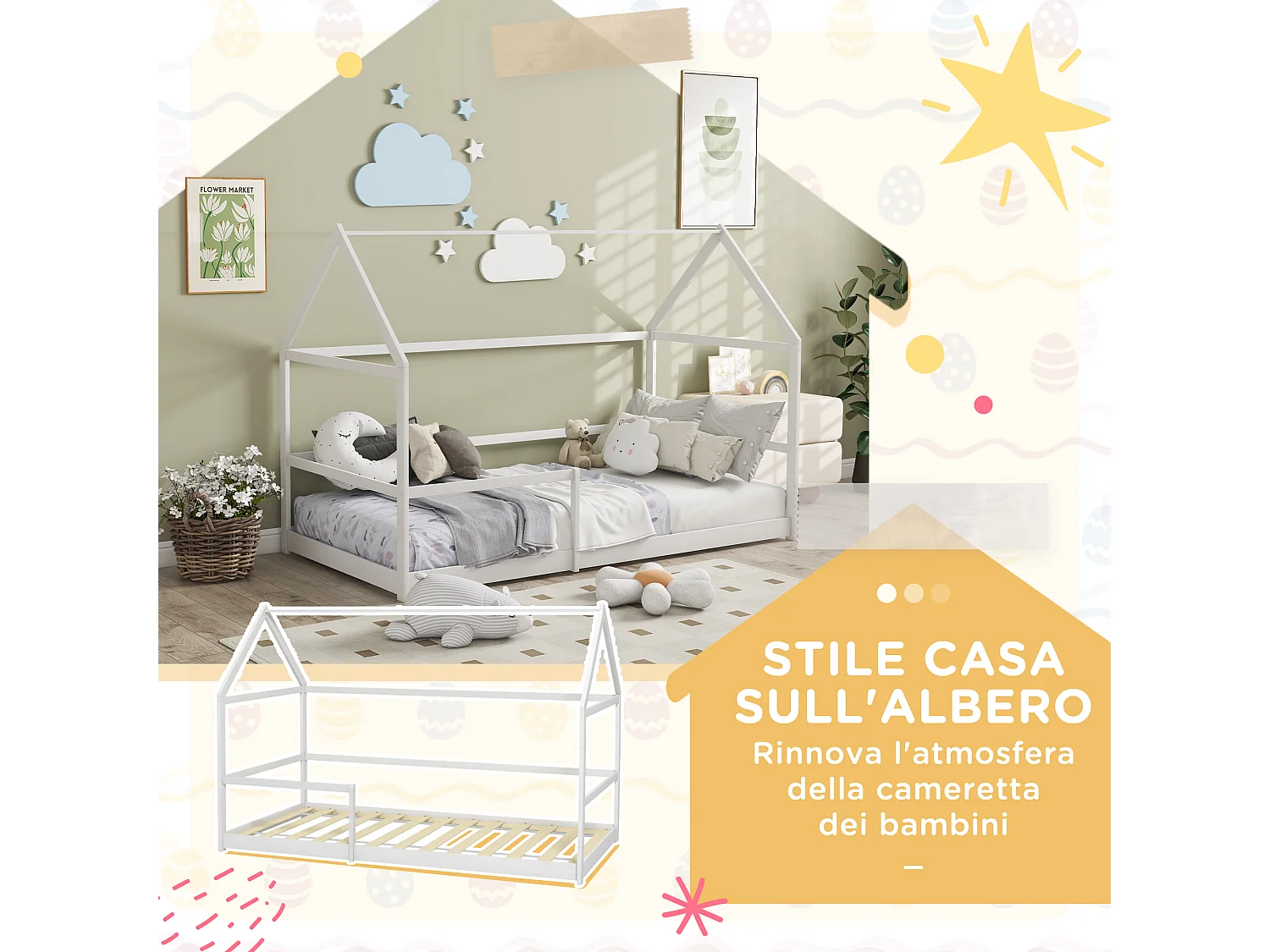 Letto per bambini a casetta e barriera anticaduta età 3-8 anni bianco