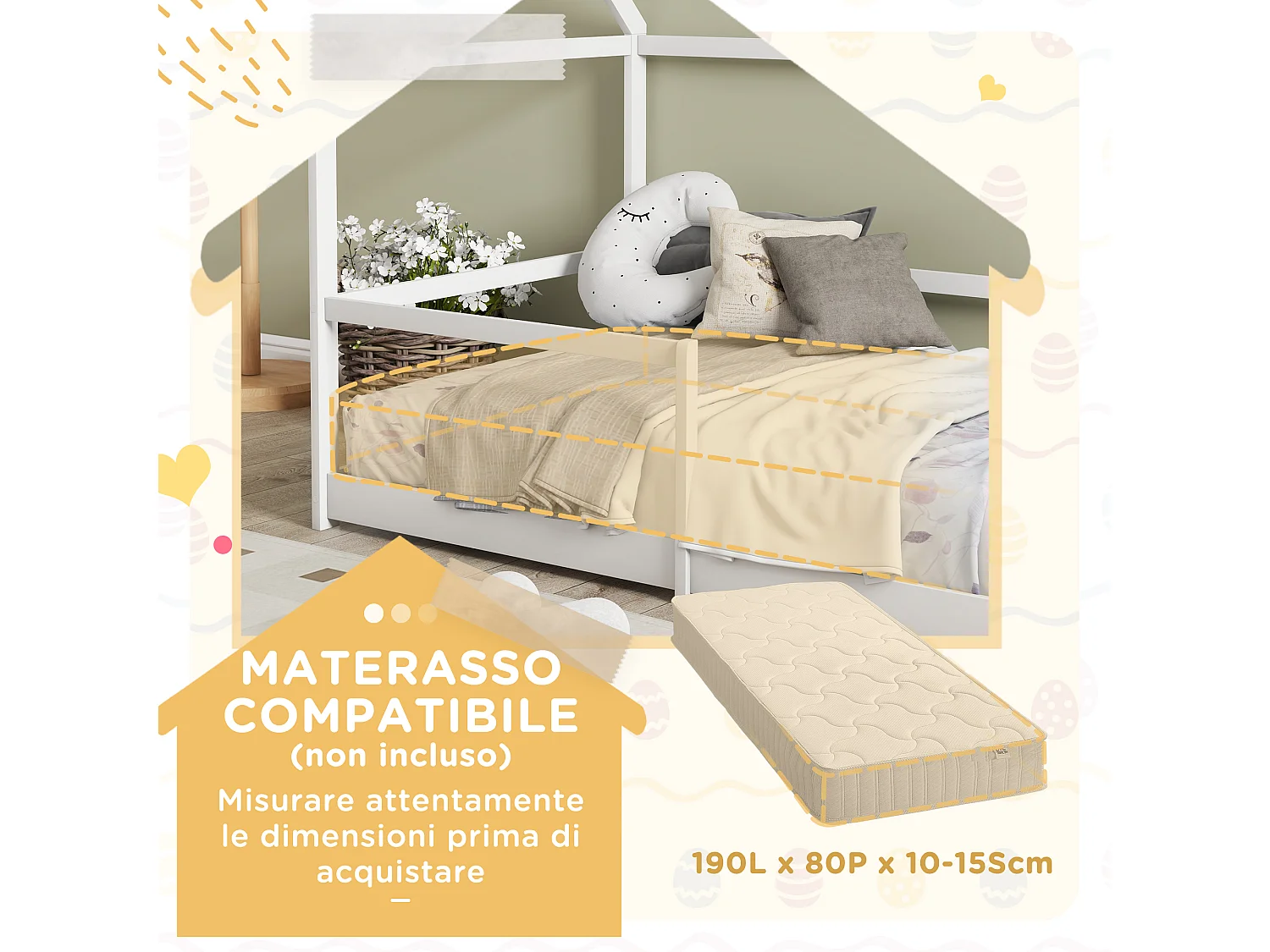 Letto per bambini a casetta e barriera anticaduta età 3-8 anni bianco