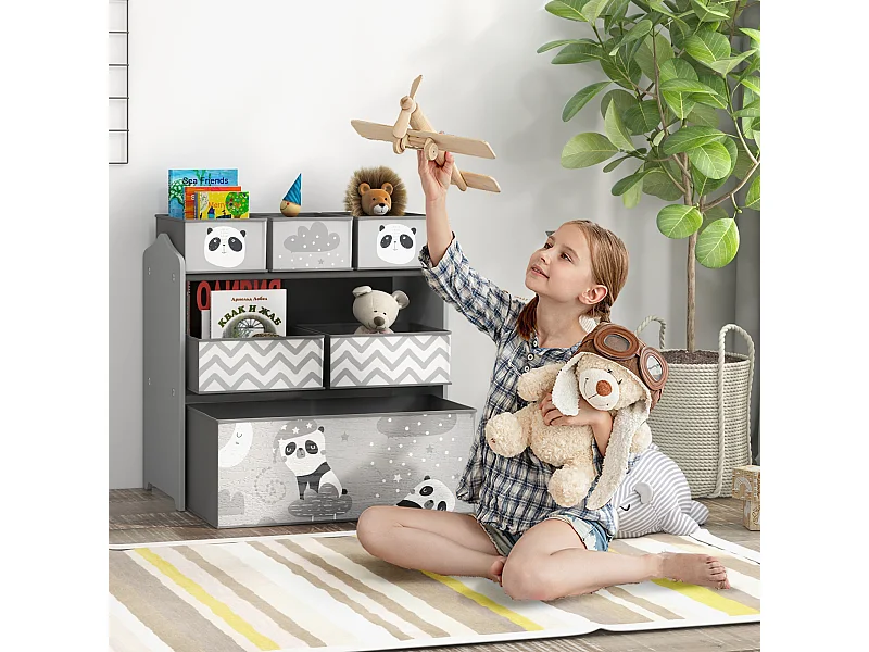 Scaffale portagiochi con 6 contenitori in tessuto grigio