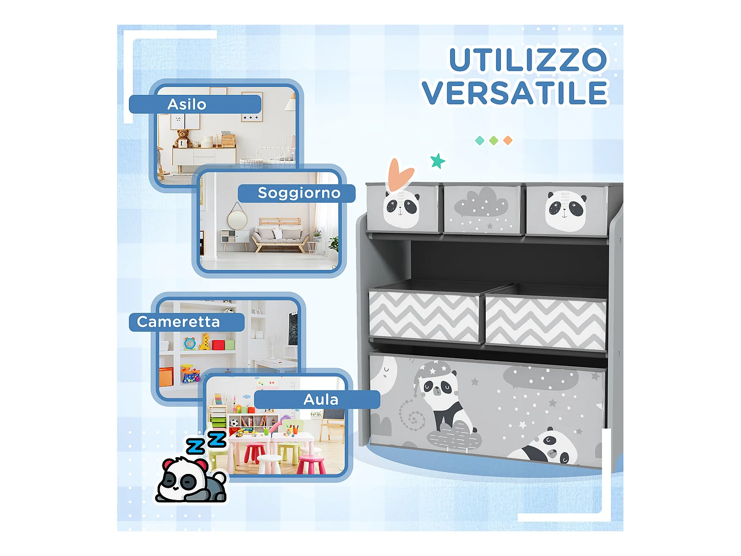 Scaffale portagiochi con 6 contenitori in tessuto grigio