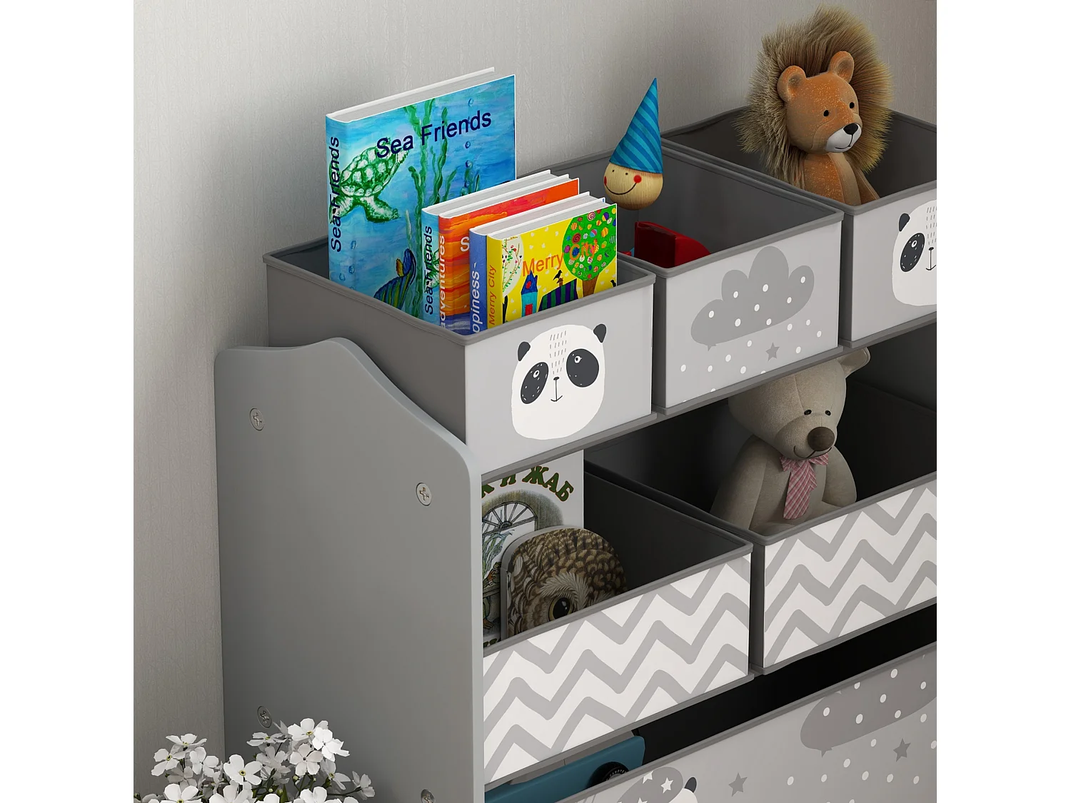 Scaffale portagiochi con 6 contenitori in tessuto grigio