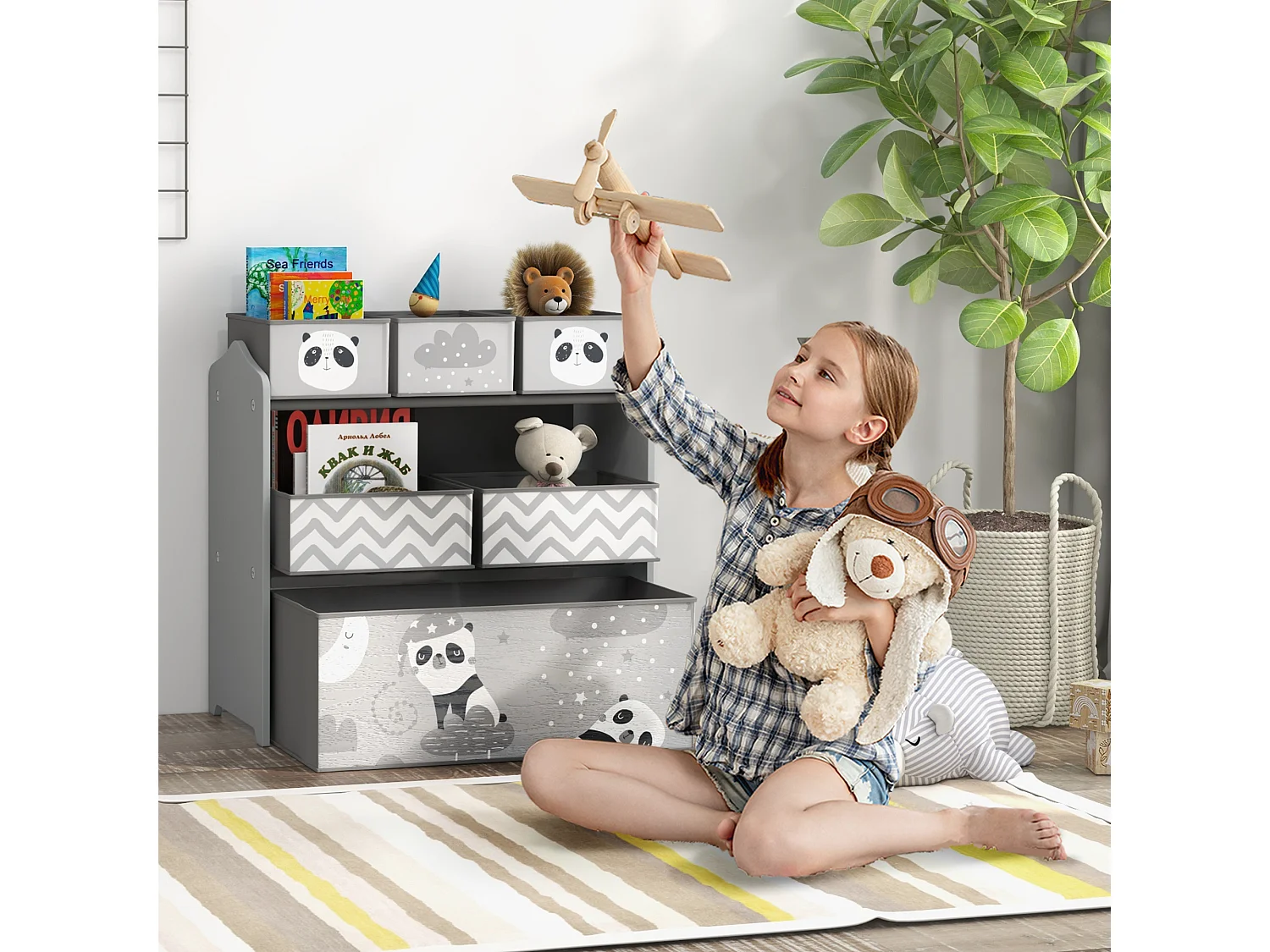 Scaffale portagiochi con 6 contenitori in tessuto grigio