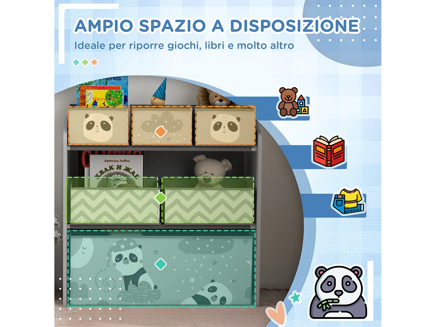 Scaffale portagiochi con 6 contenitori in tessuto grigio