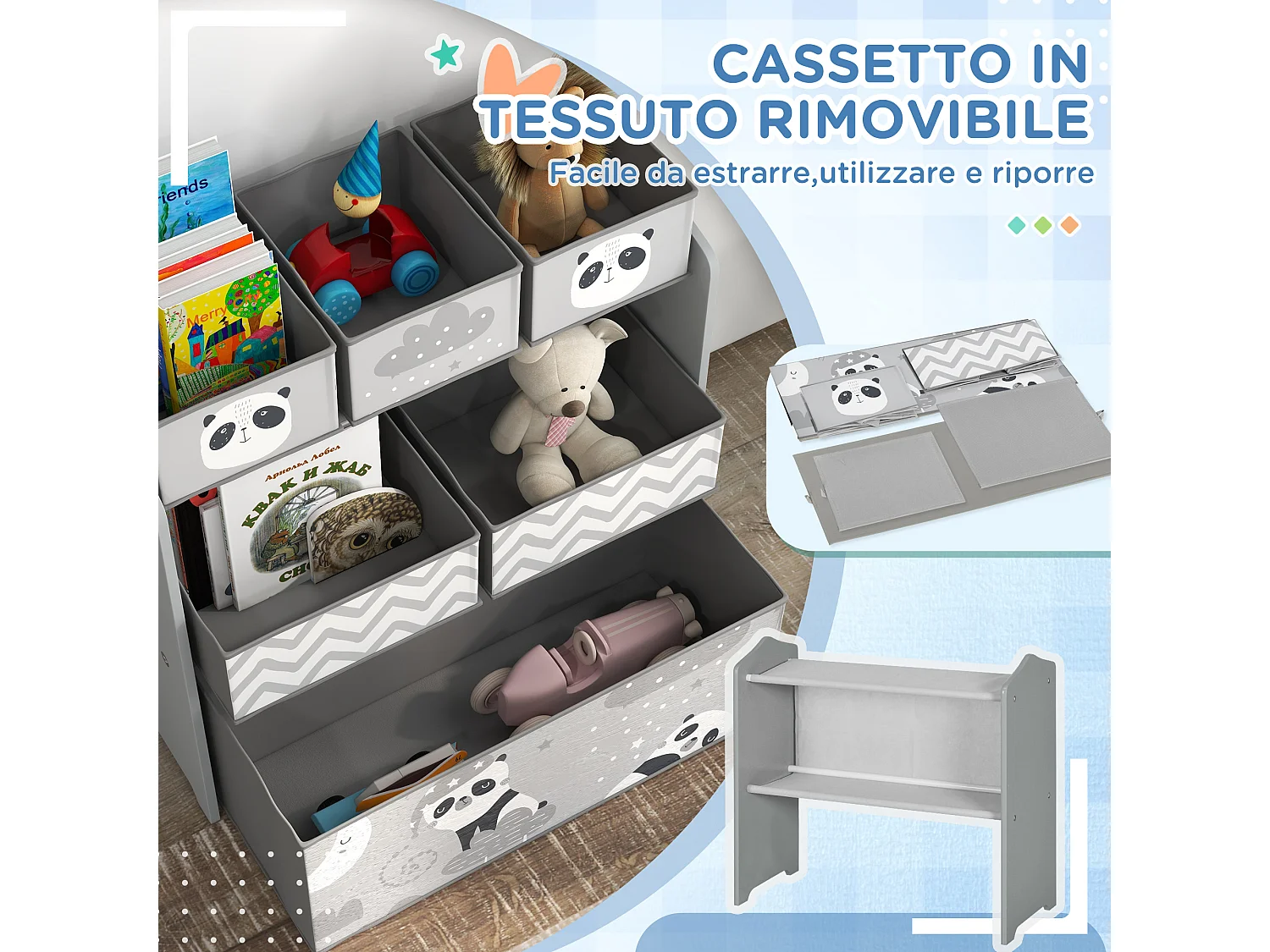Scaffale portagiochi con 6 contenitori in tessuto grigio