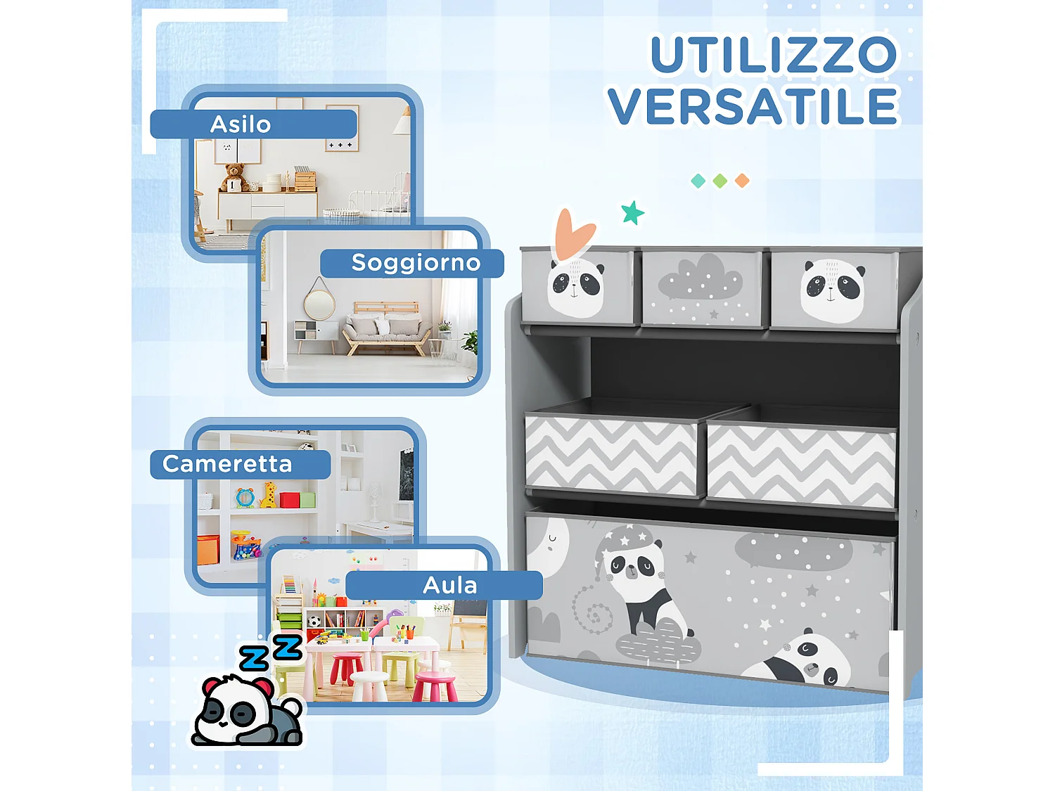 Scaffale portagiochi con 6 contenitori in tessuto grigio