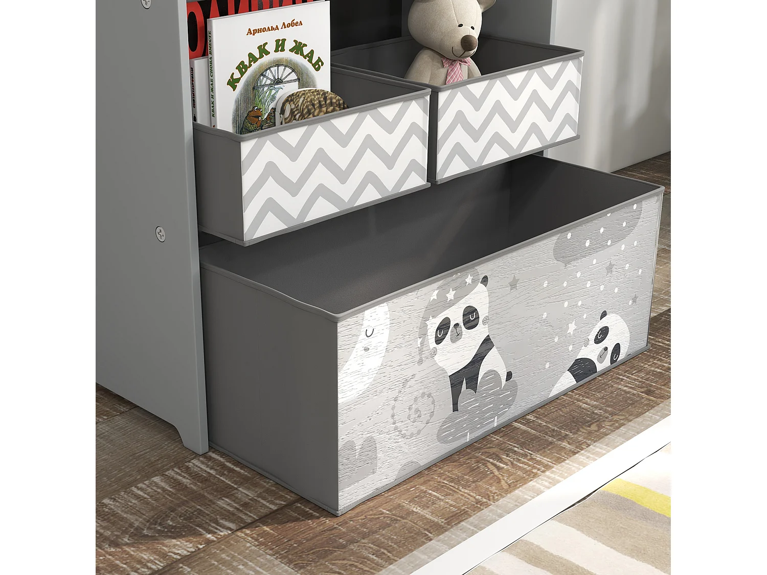 Scaffale portagiochi con 6 contenitori in tessuto grigio