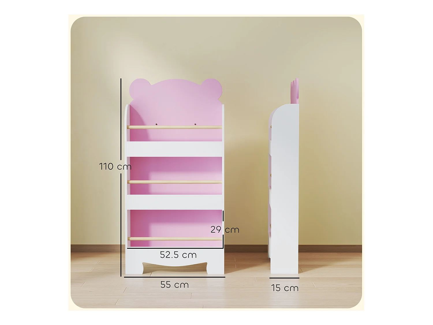 Libreria per bambini a 3 ripiani a forma di orsetto rosa