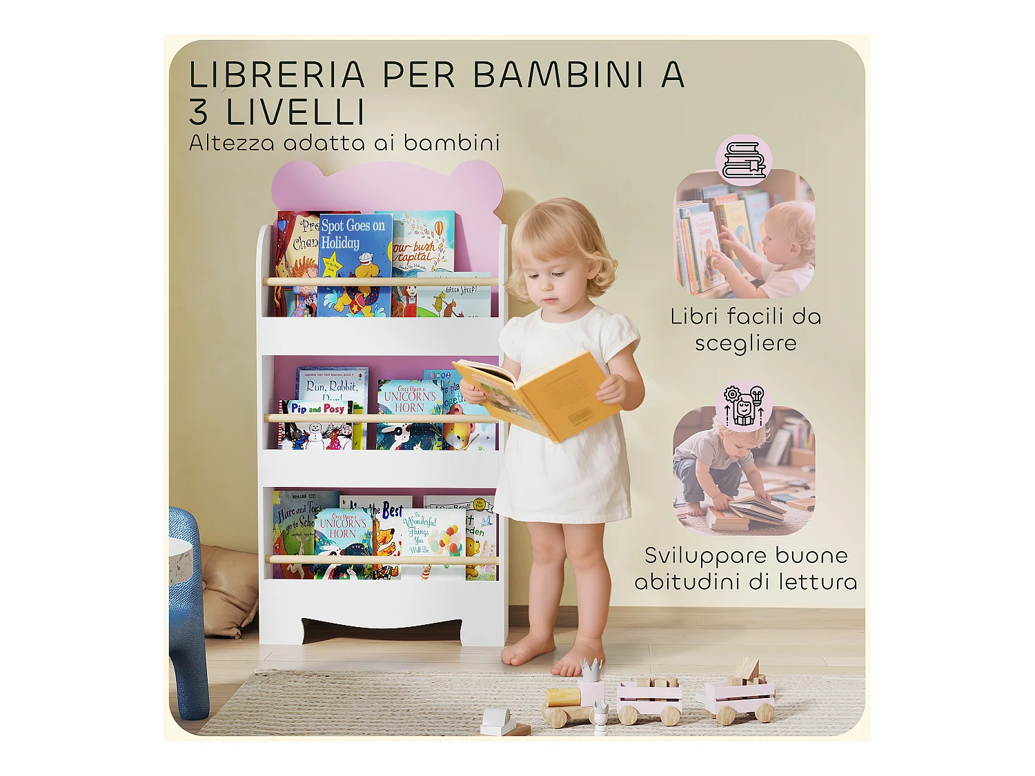 Libreria per bambini a 3 ripiani a forma di orsetto rosa
