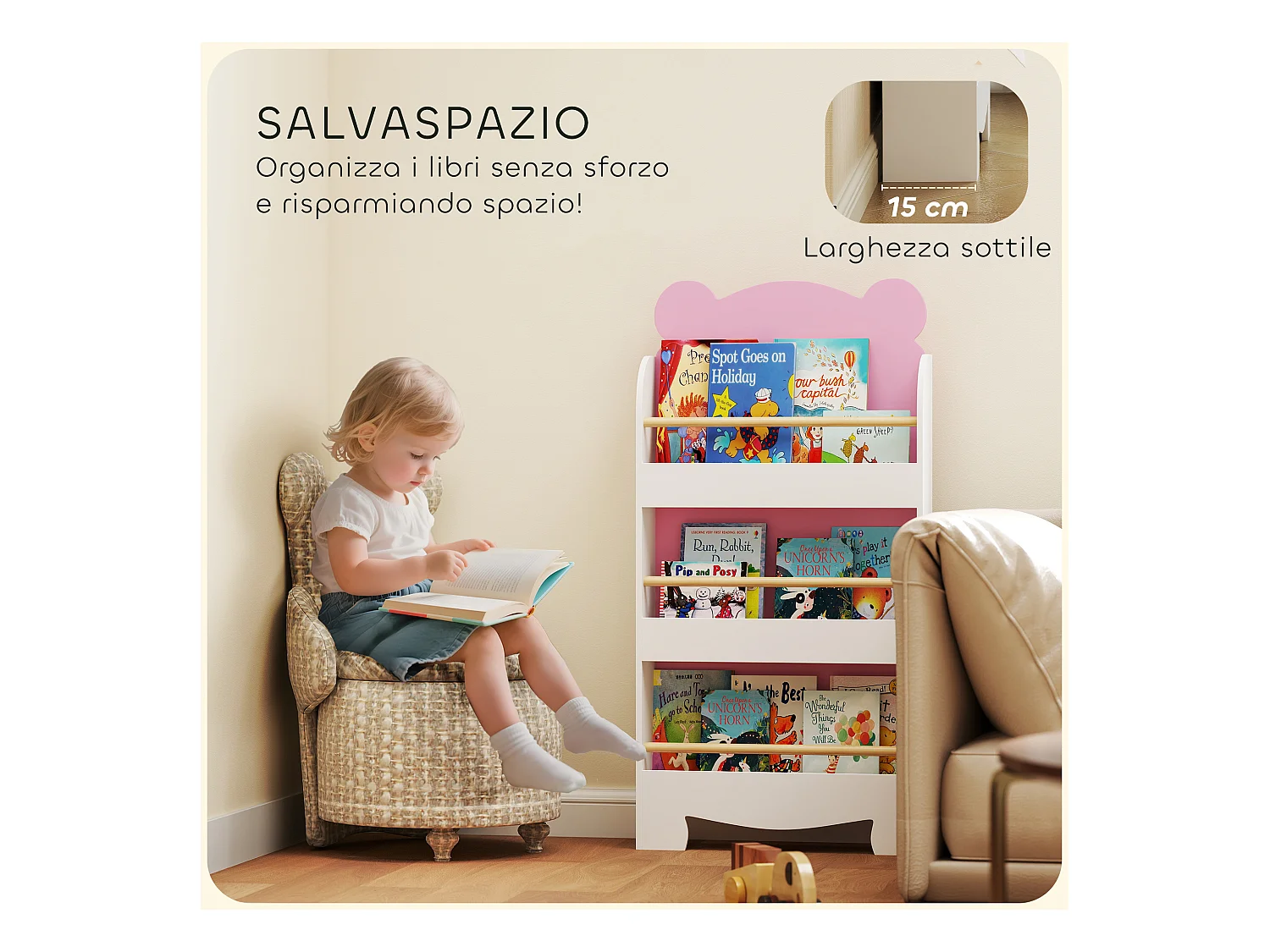 Libreria per bambini a 3 ripiani a forma di orsetto rosa