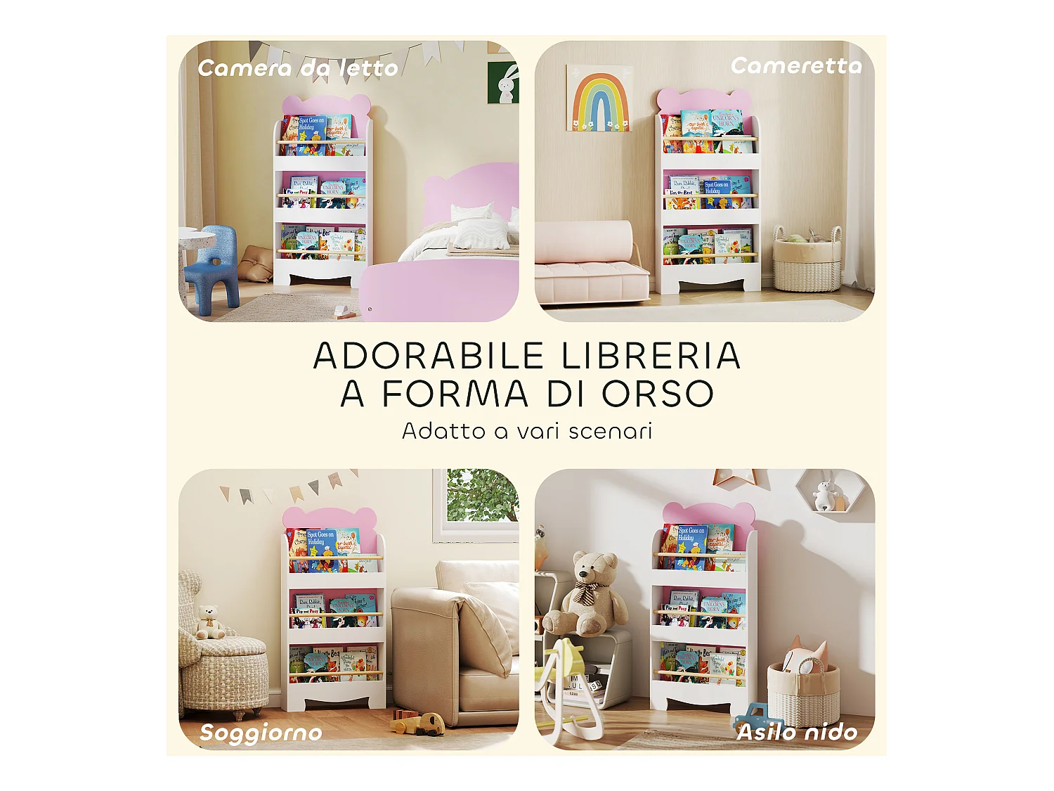 Libreria per bambini a 3 ripiani a forma di orsetto rosa