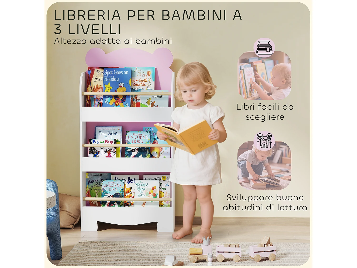 Libreria per bambini a 3 ripiani a forma di orsetto rosa