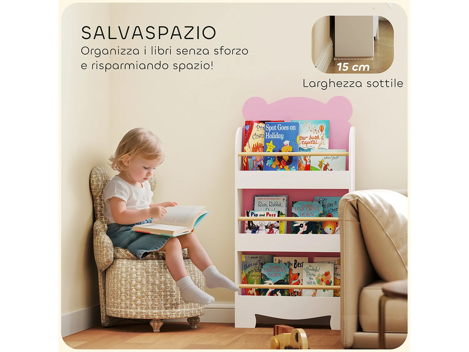 Libreria per bambini a 3 ripiani a forma di orsetto rosa